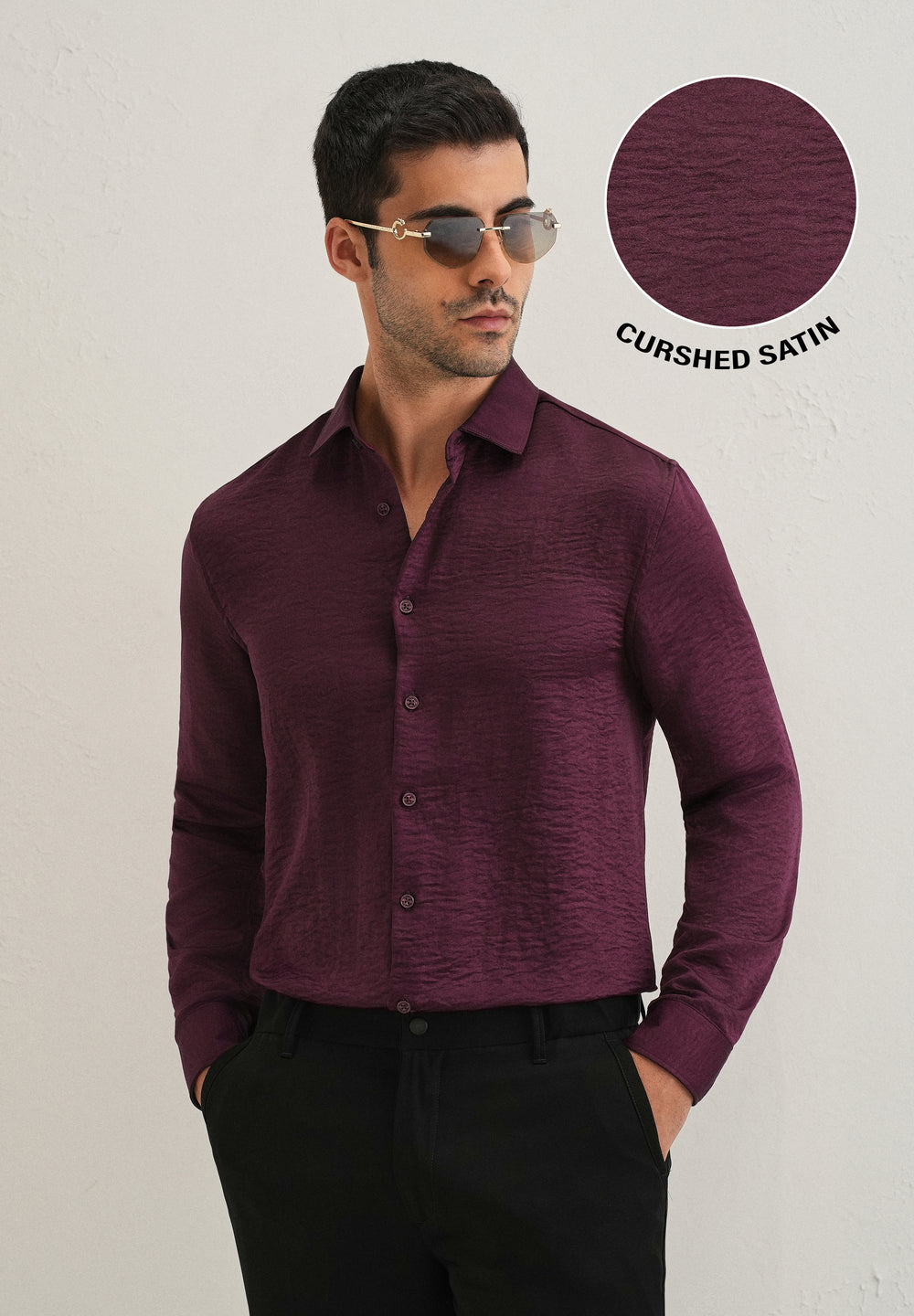Burgundy Red Plain Crushed Satin Shirt