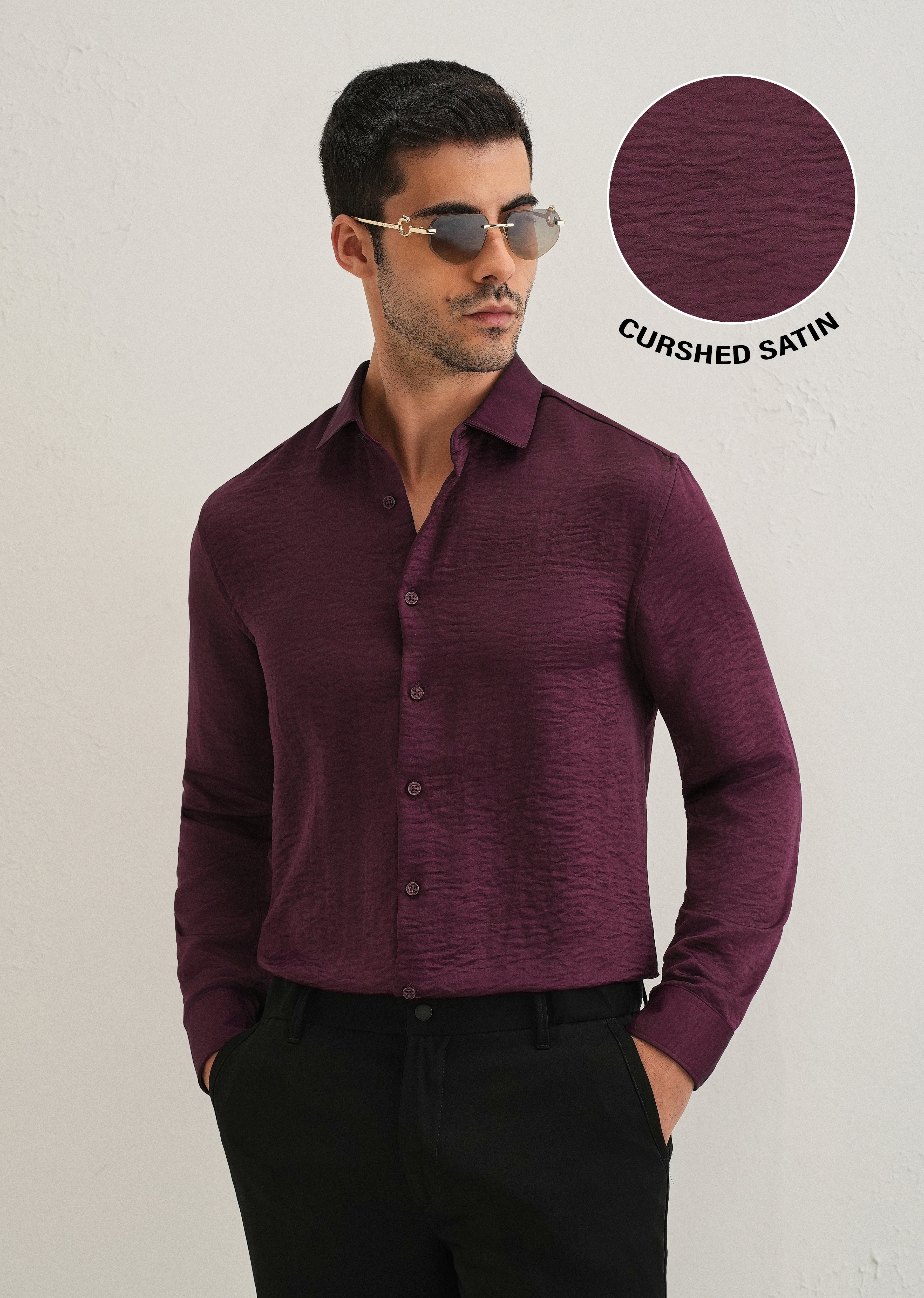 Burgundy Red Plain Crushed Satin Shirt