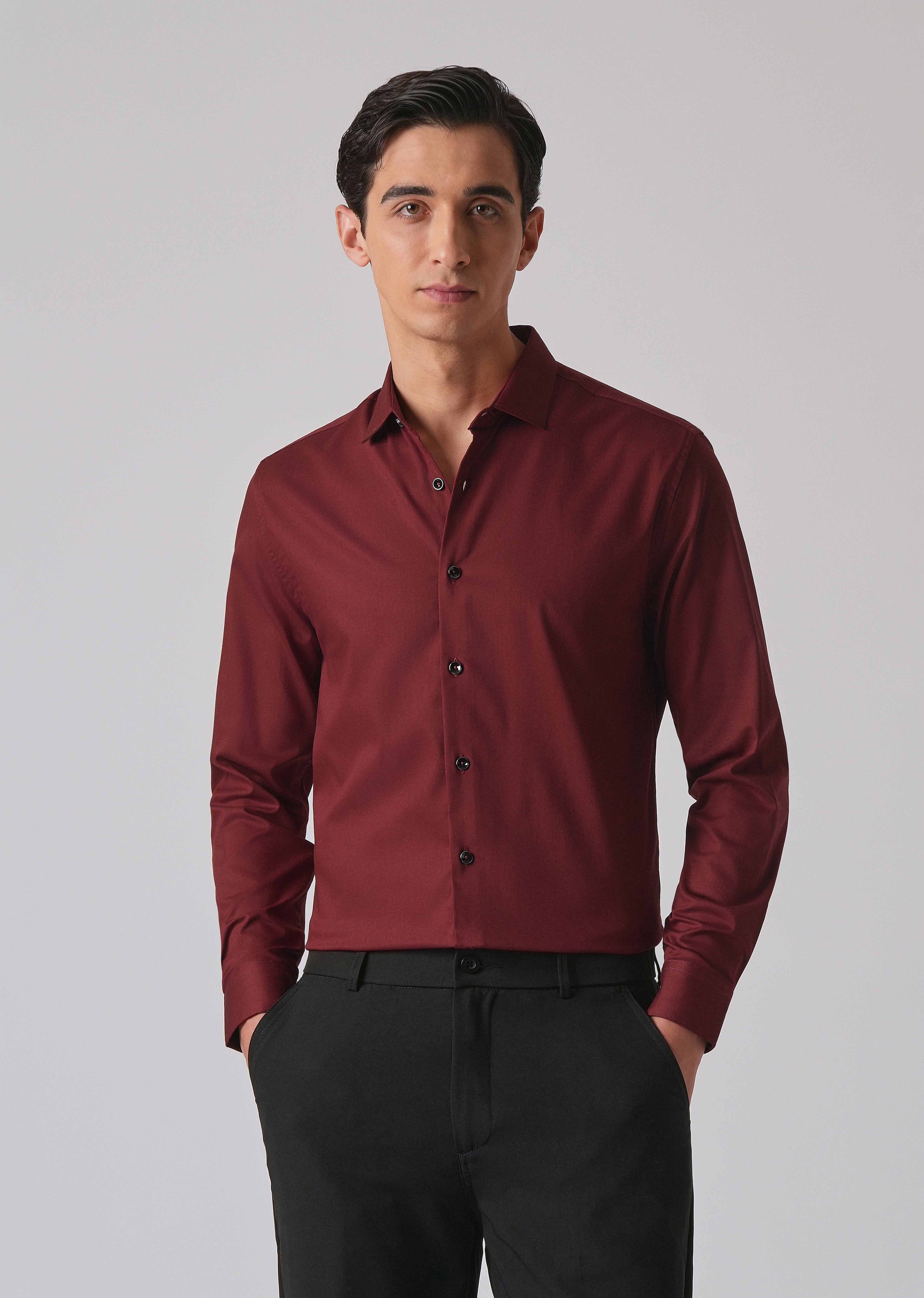 Burgundy Red Cotton Stretch Plain Shirt