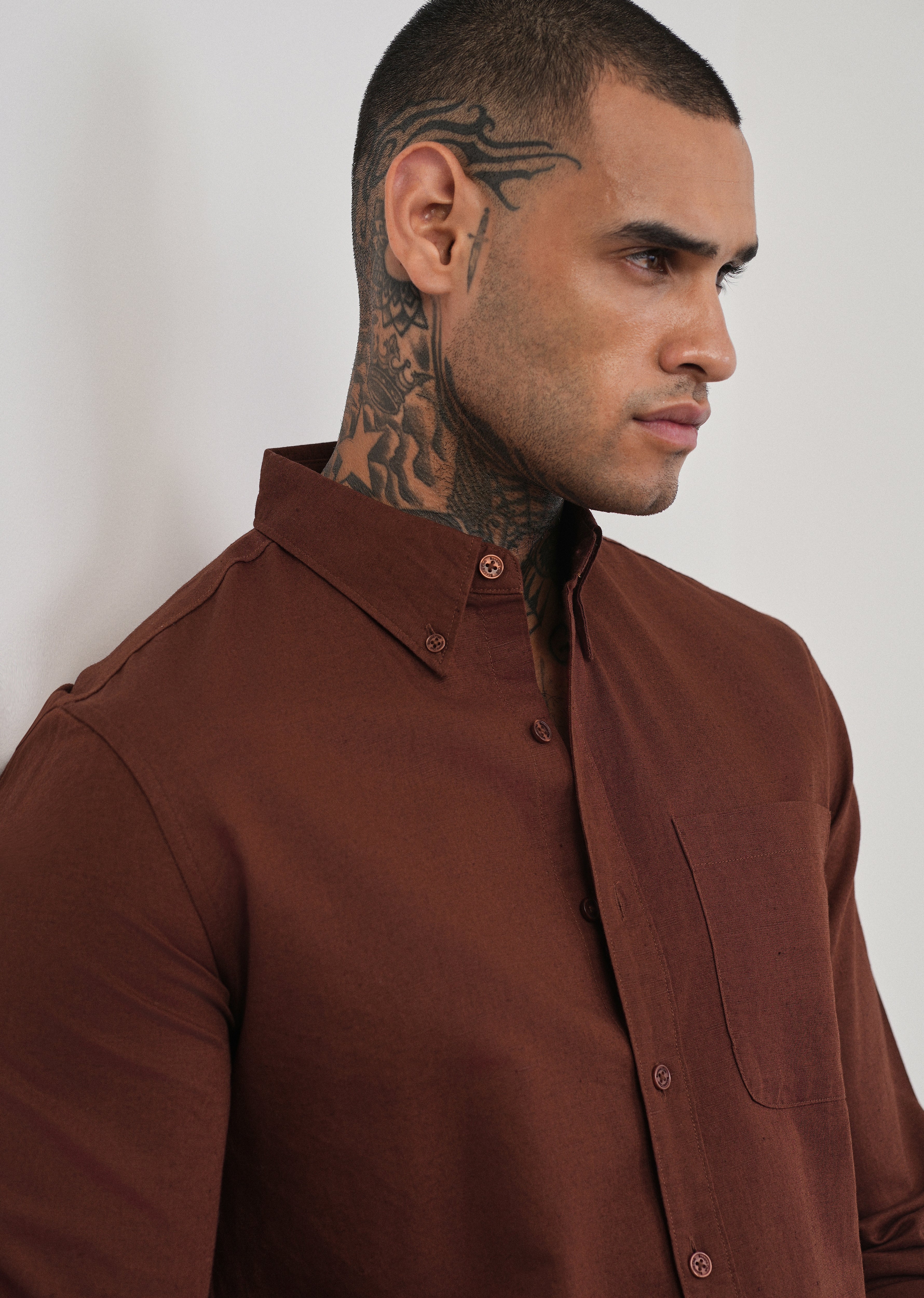 Burnt Maroon Cotton Linen Plain Shirt