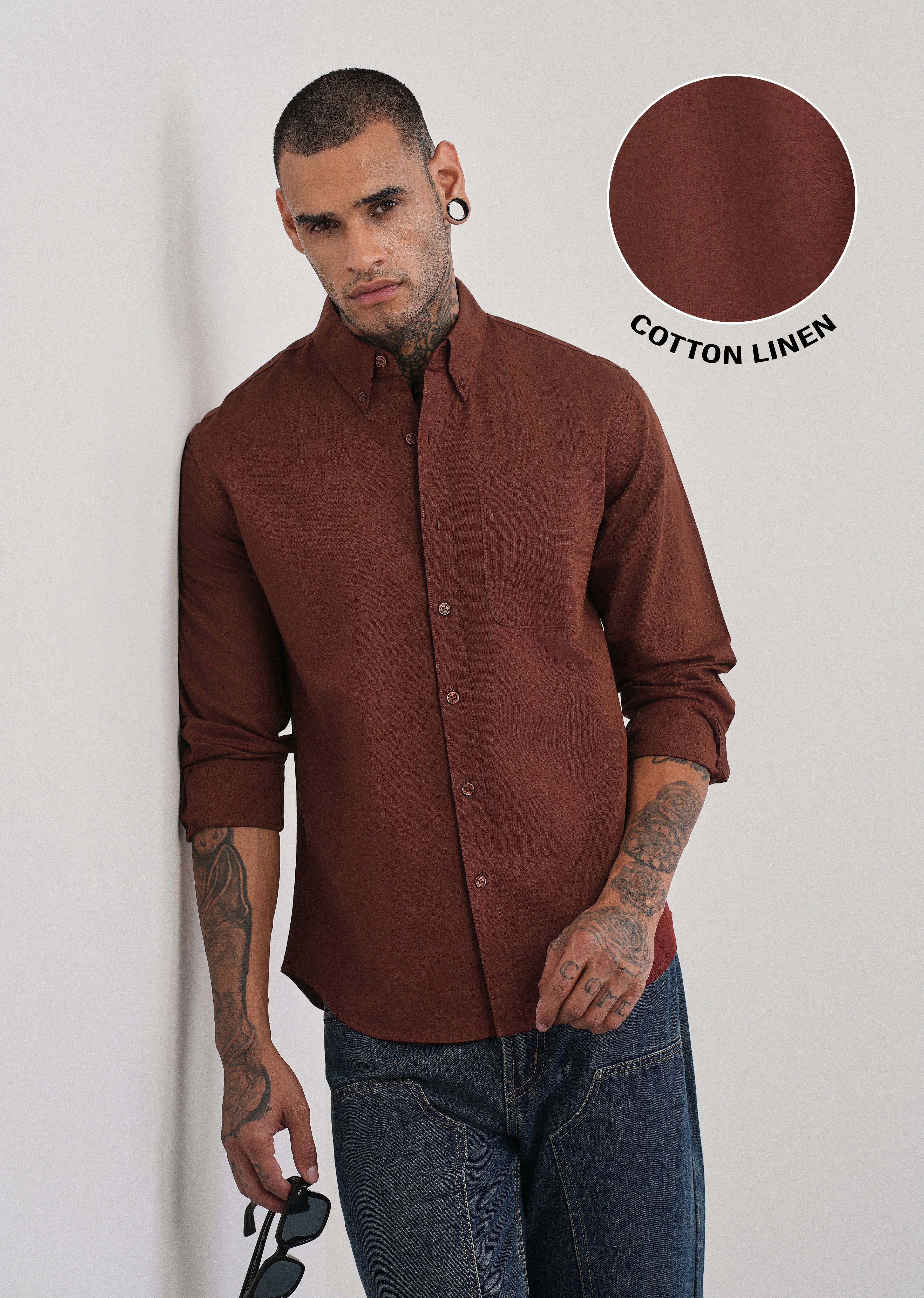 Burnt Maroon Cotton Linen Plain Shirt