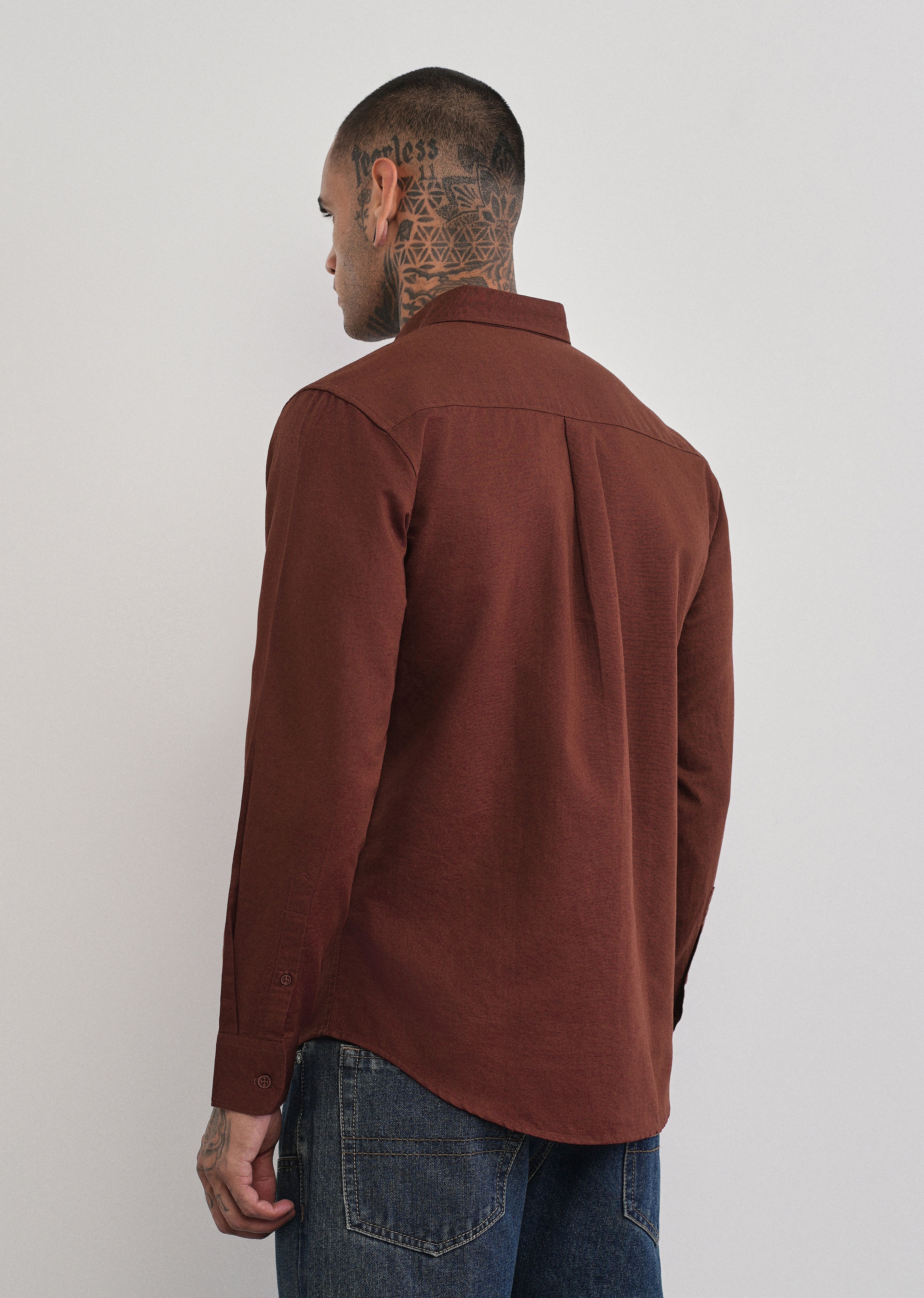 Burnt Maroon Cotton Linen Plain Shirt