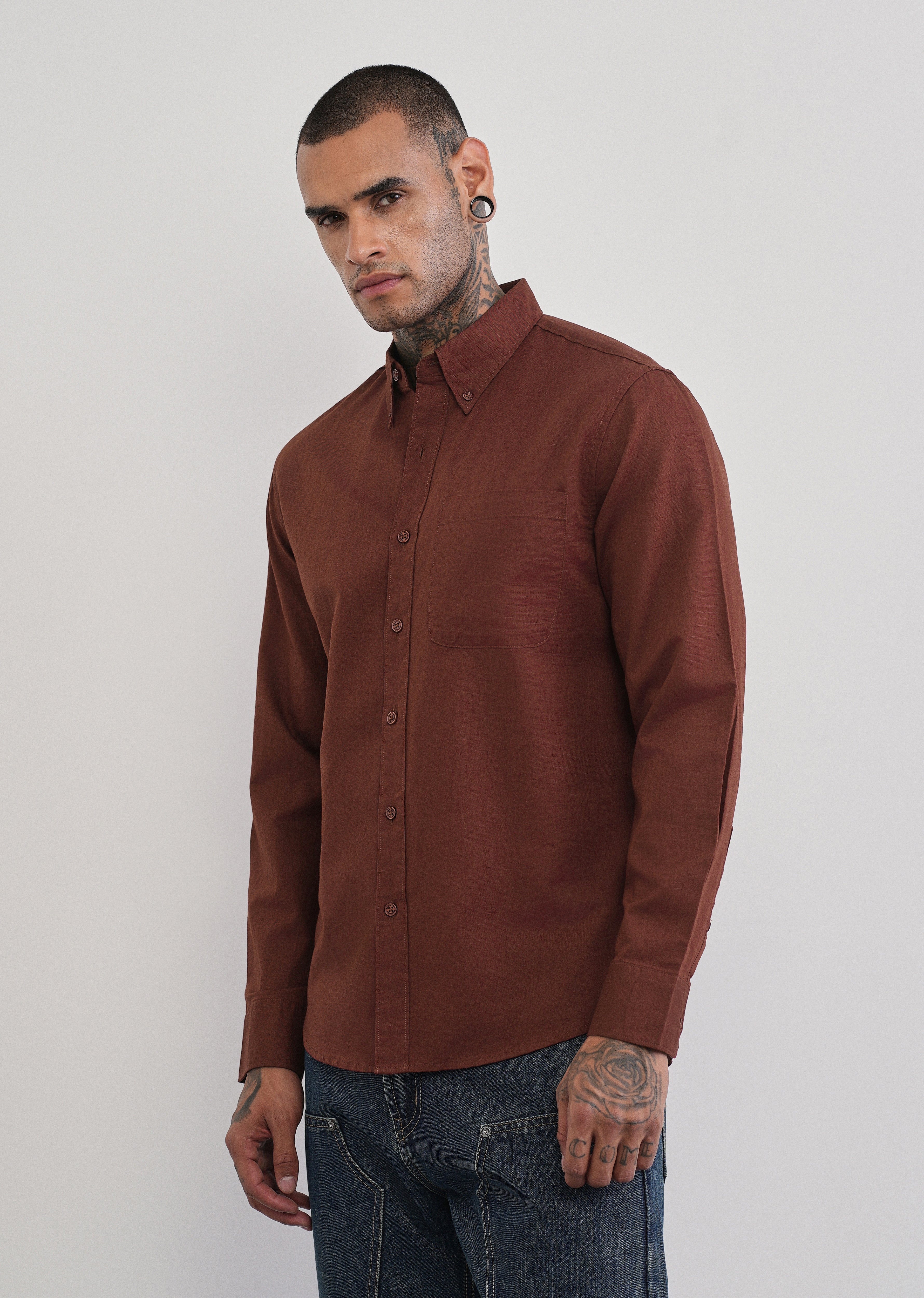 Burnt Maroon Cotton Linen Plain Shirt