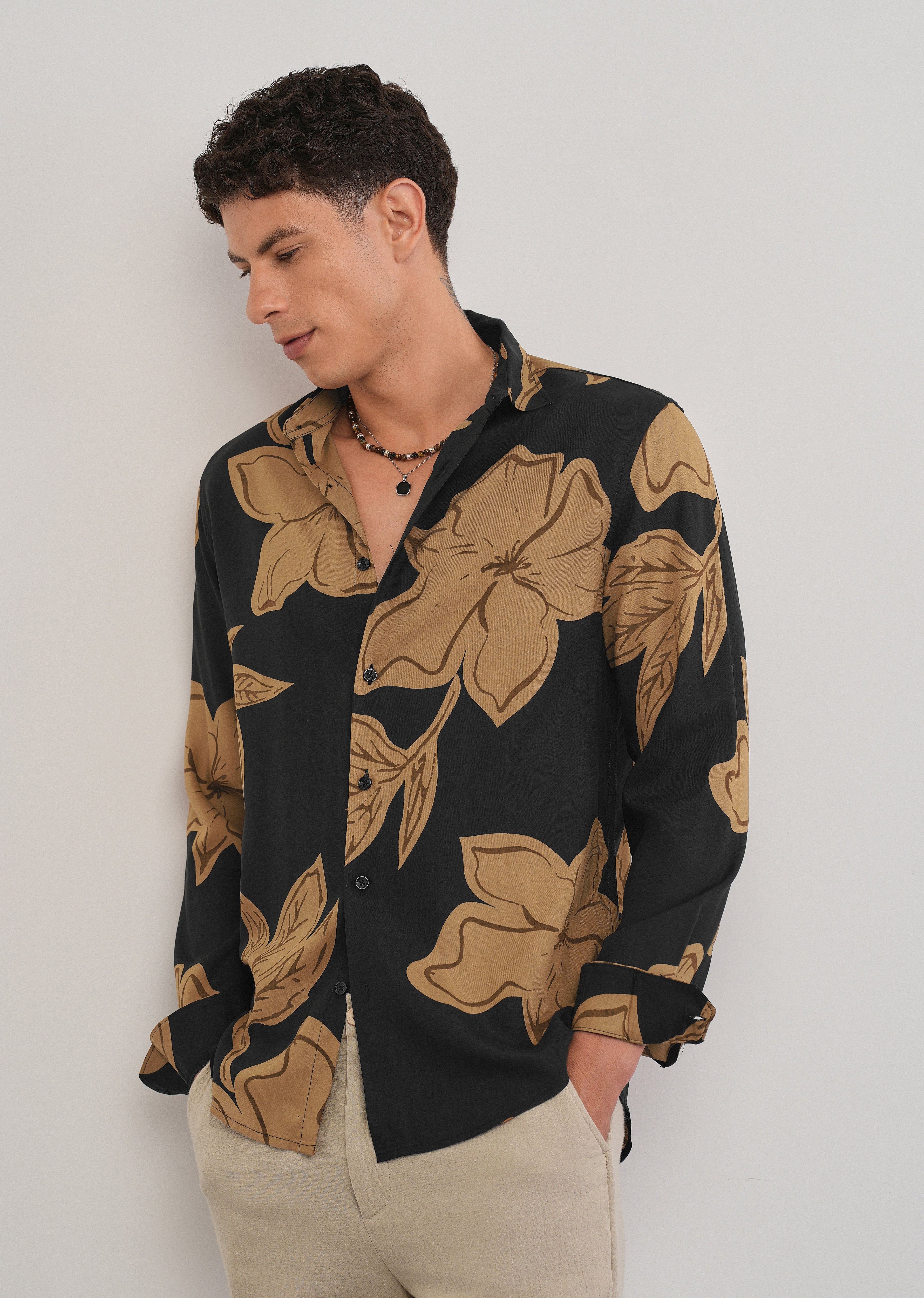 Burnt Ochre Bold Floral Print Shirt