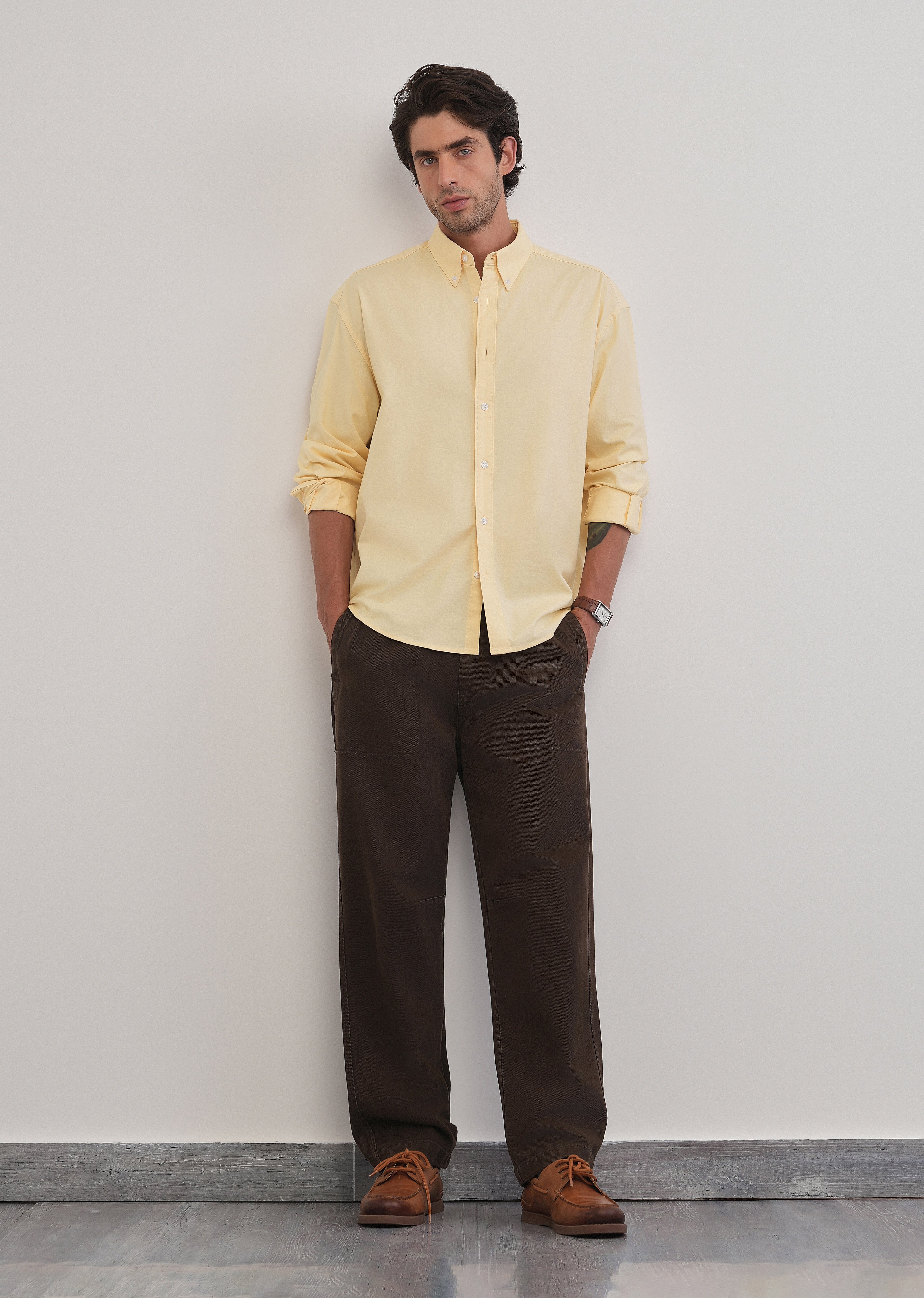Butter Yellow Cotton Stretch Oversized Shirt