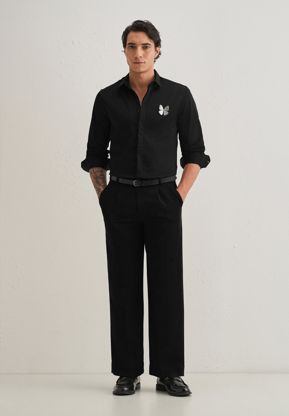 Butterfly Brooch Black Designer Shirt