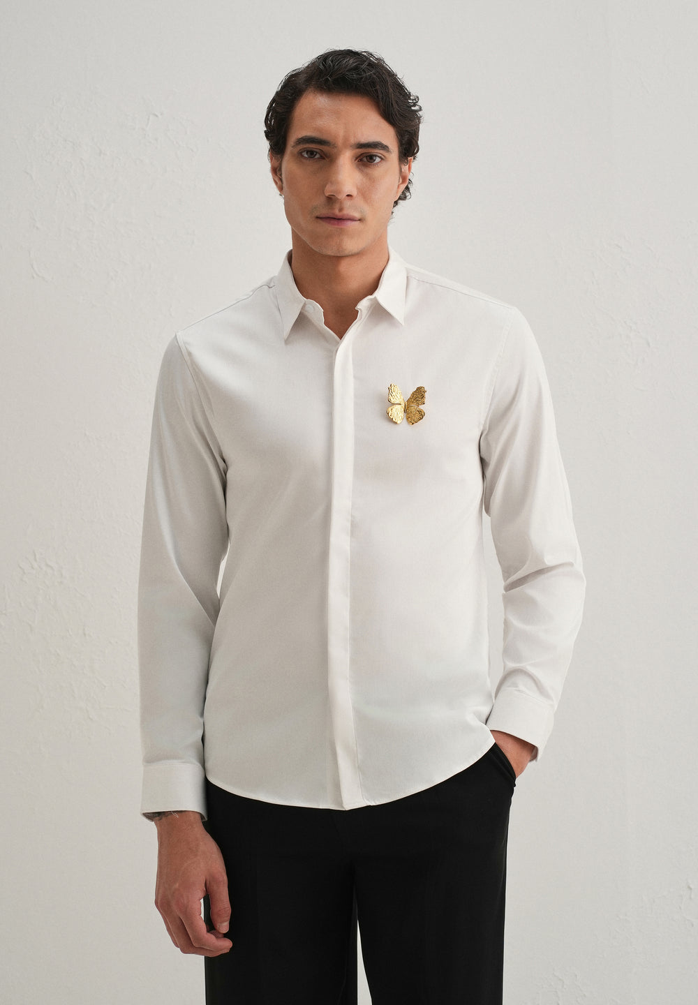 Butterfly Brooch White Designer Shirt