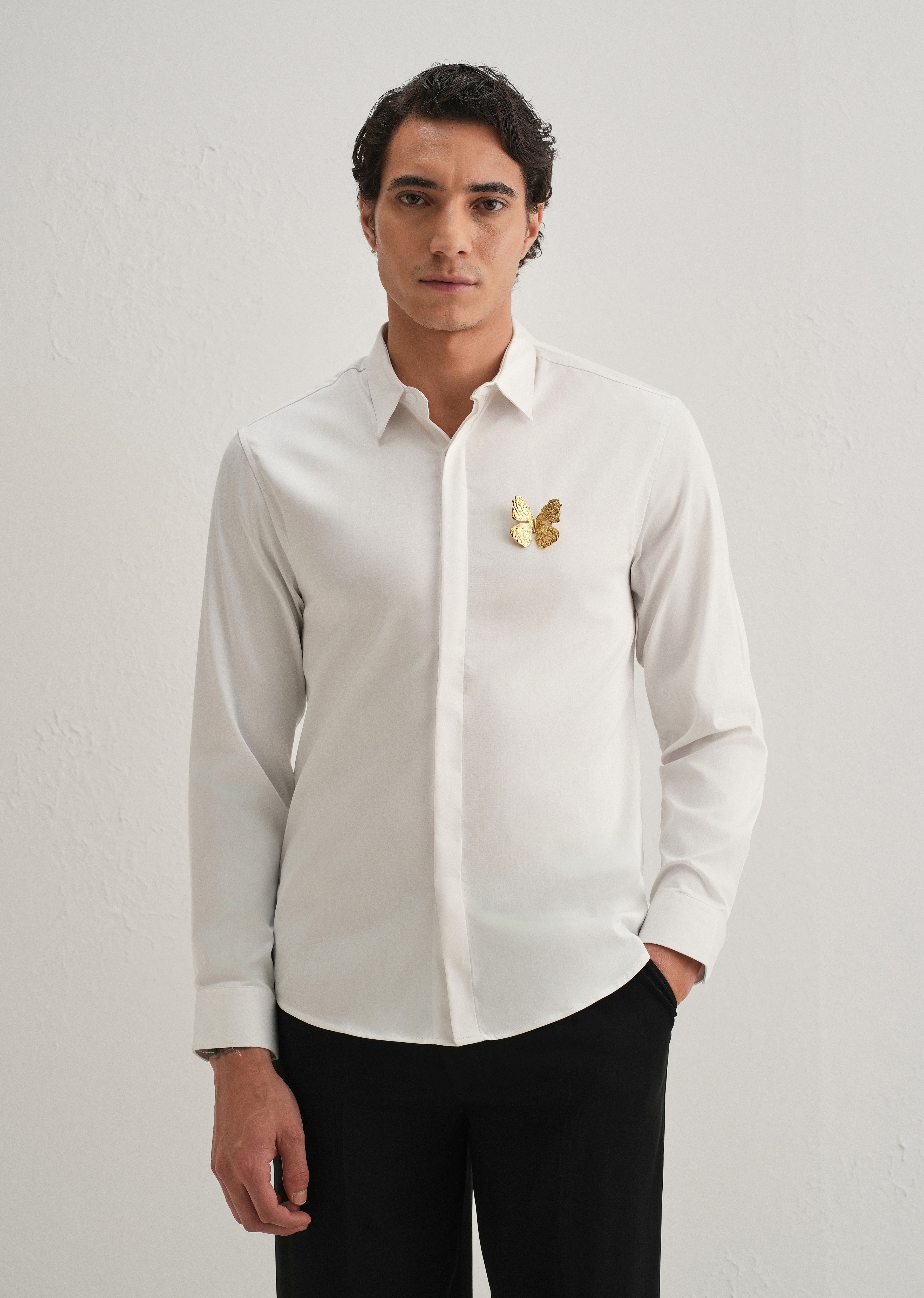 Butterfly Brooch White Designer Shirt