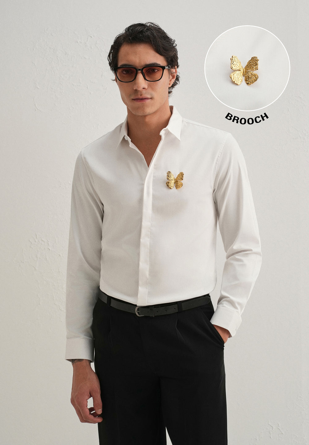 Butterfly Brooch White Designer Shirt