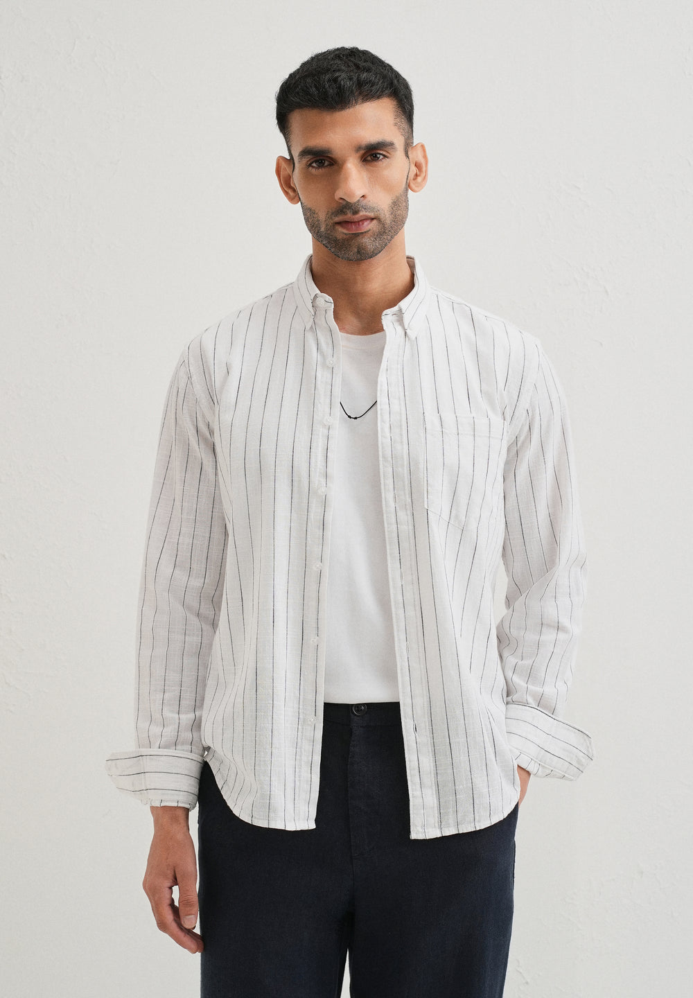 Chalk White Striped Cotton Linen Shirt