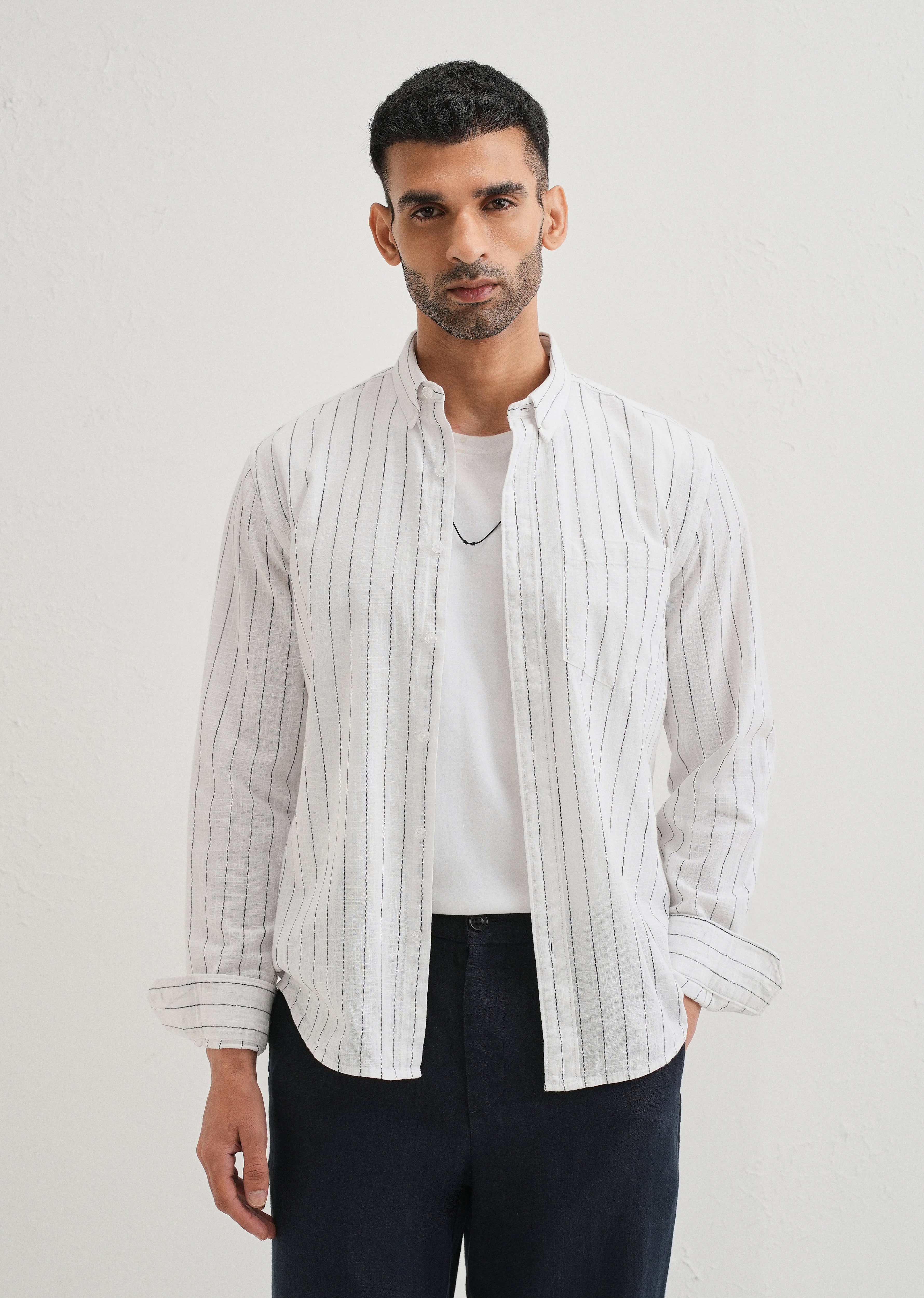 Chalk White Striped Cotton Linen Shirt