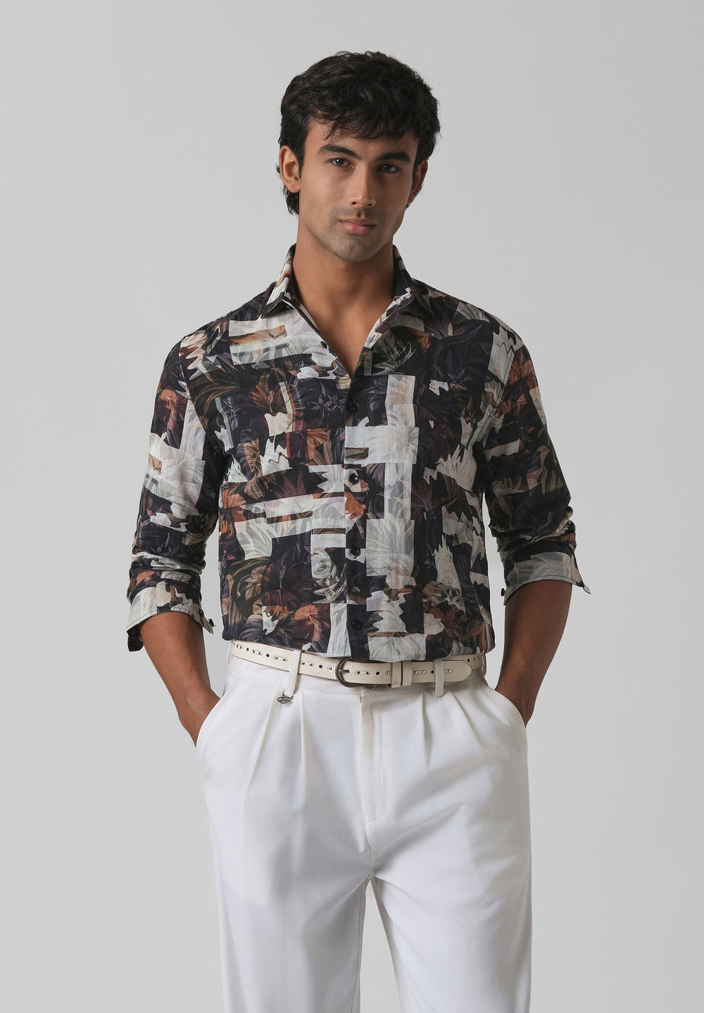Charcoal Black Printed Cotton Linen Shirt