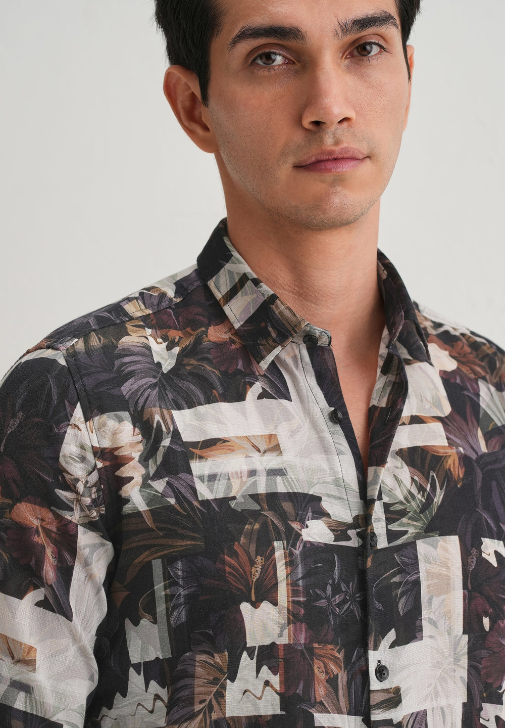 Charcoal Black Printed Cotton Linen Shirt