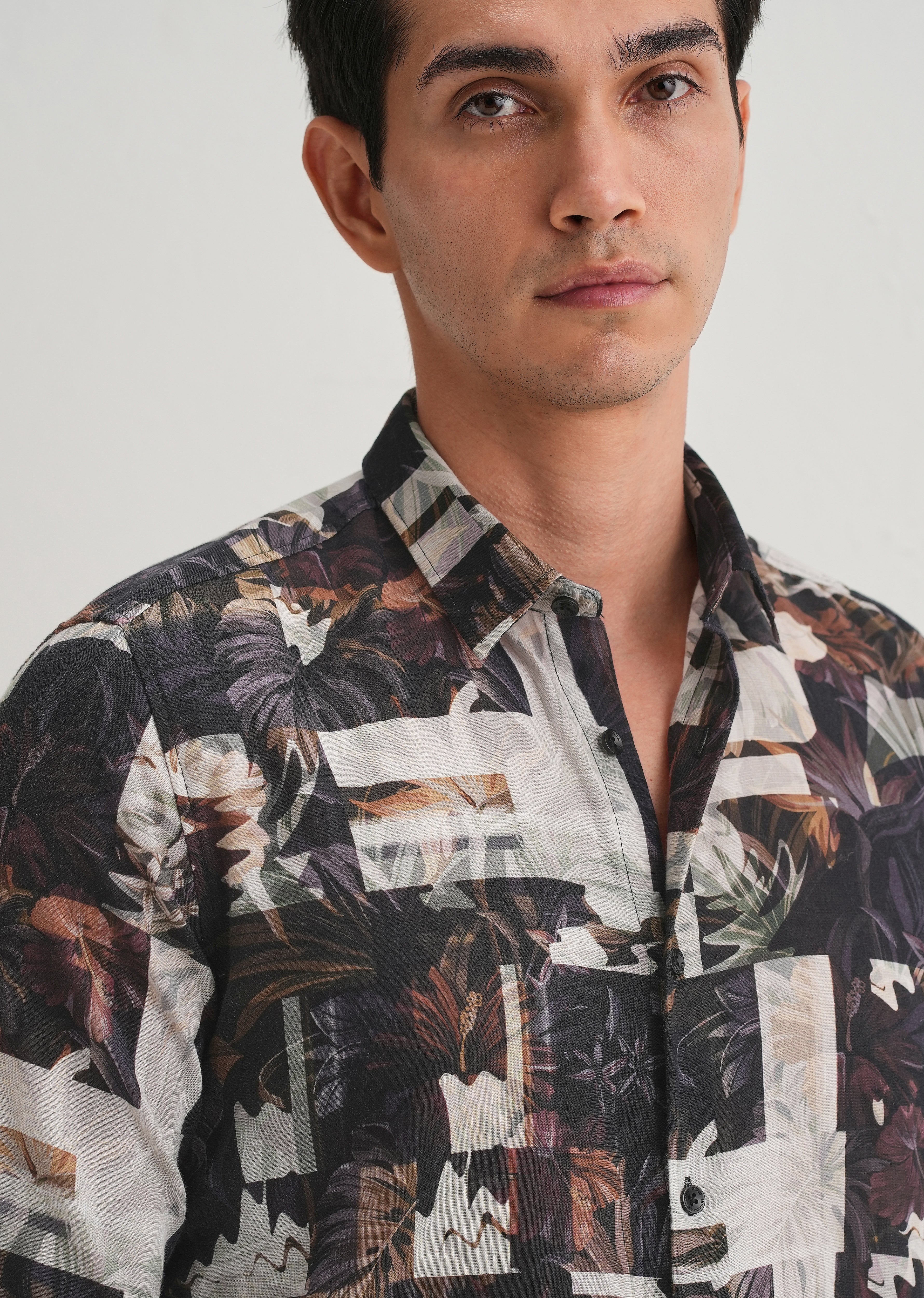 Charcoal Black Printed Cotton Linen Shirt