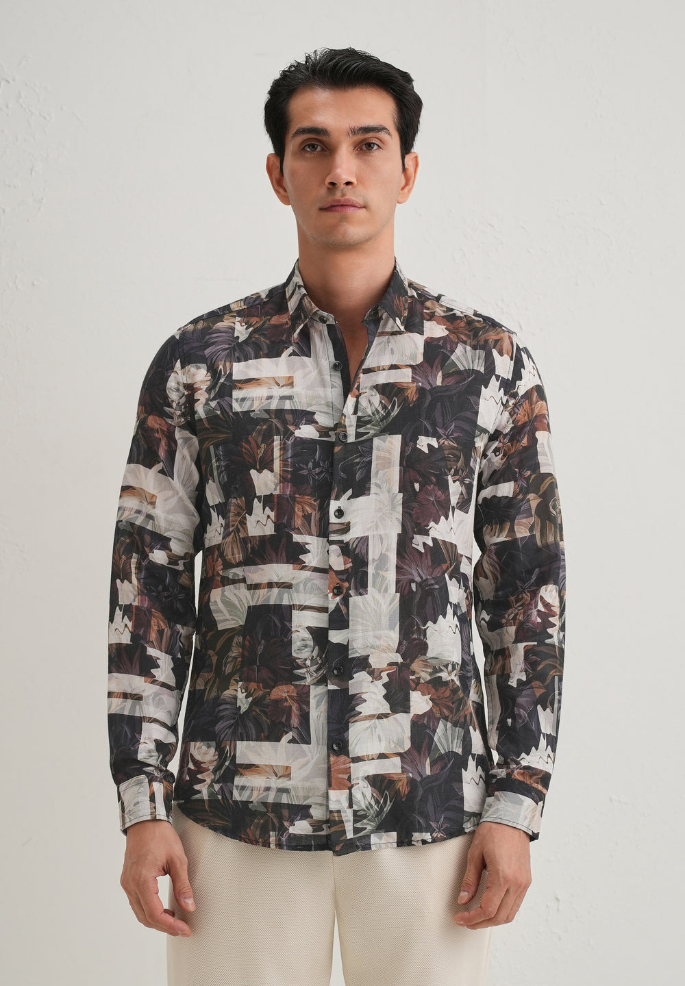 Charcoal Black Printed Cotton Linen Shirt