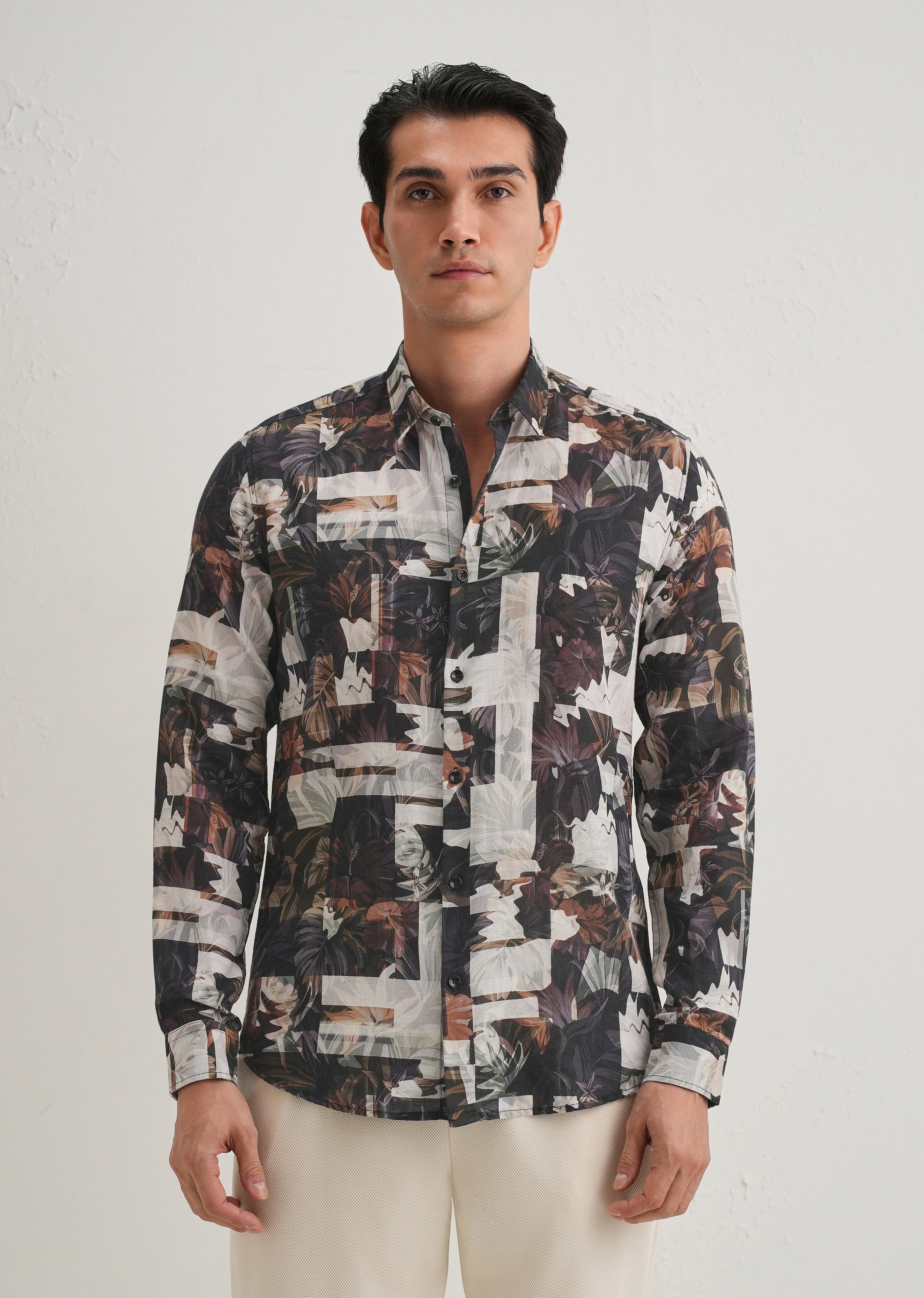 Charcoal Black Printed Cotton Linen Shirt