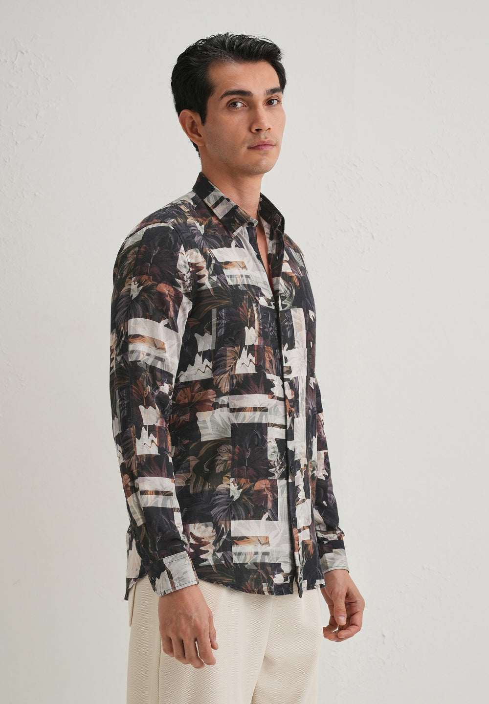Charcoal Black Printed Cotton Linen Shirt