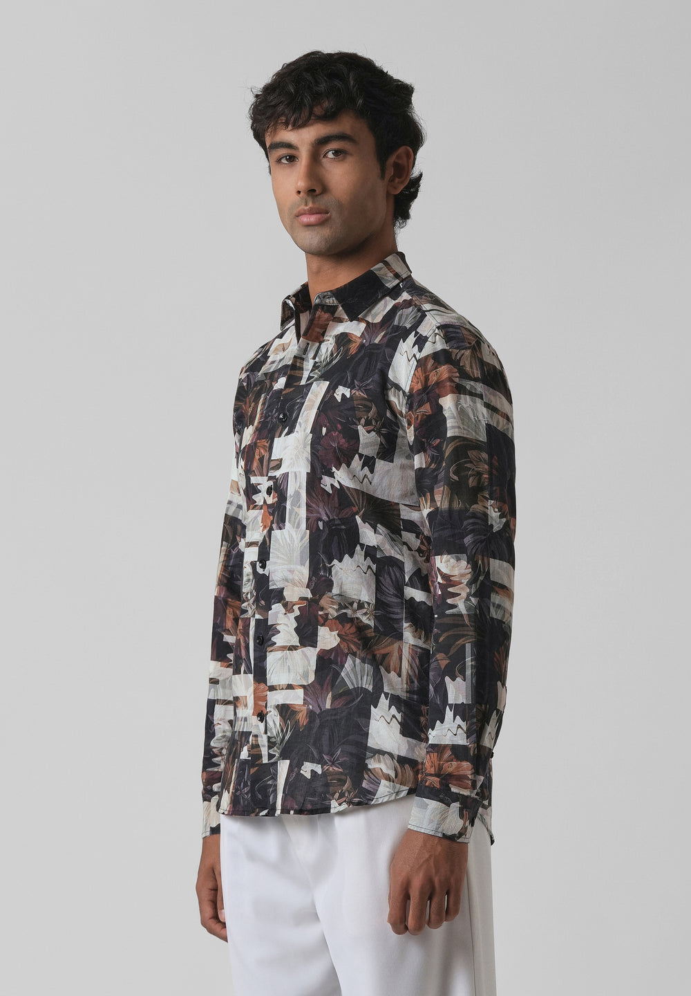 Charcoal Black Printed Cotton Linen Shirt