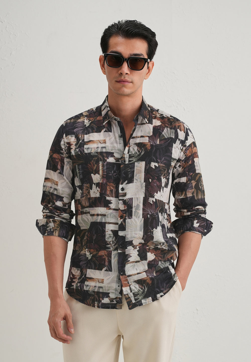 Charcoal Black Printed Cotton Linen Shirt