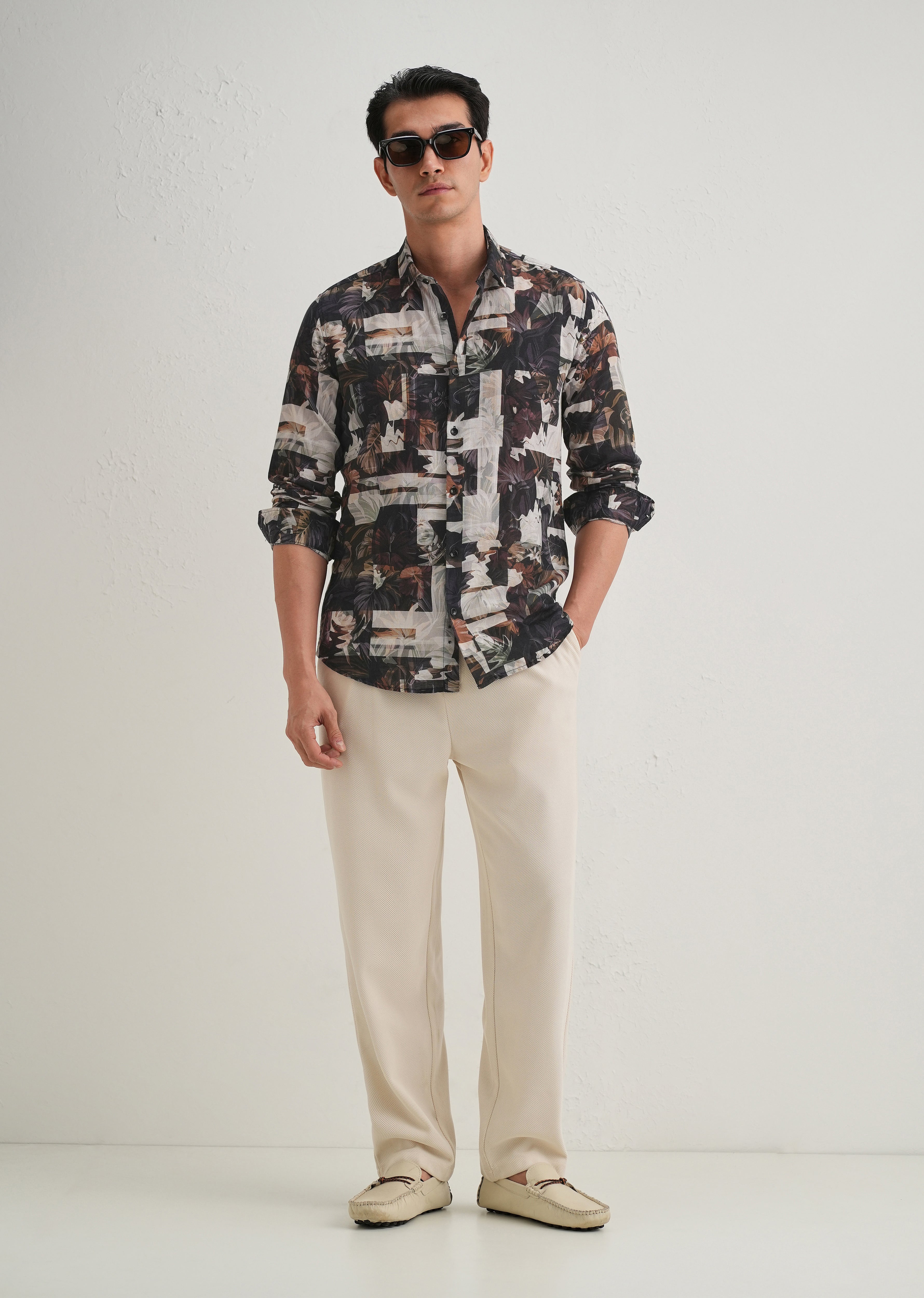 Charcoal Black Printed Cotton Linen Shirt