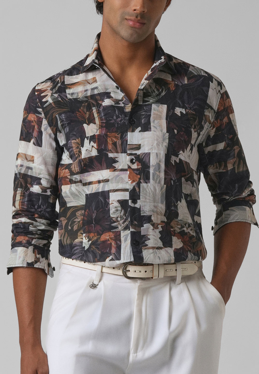 Charcoal Black Printed Cotton Linen Shirt