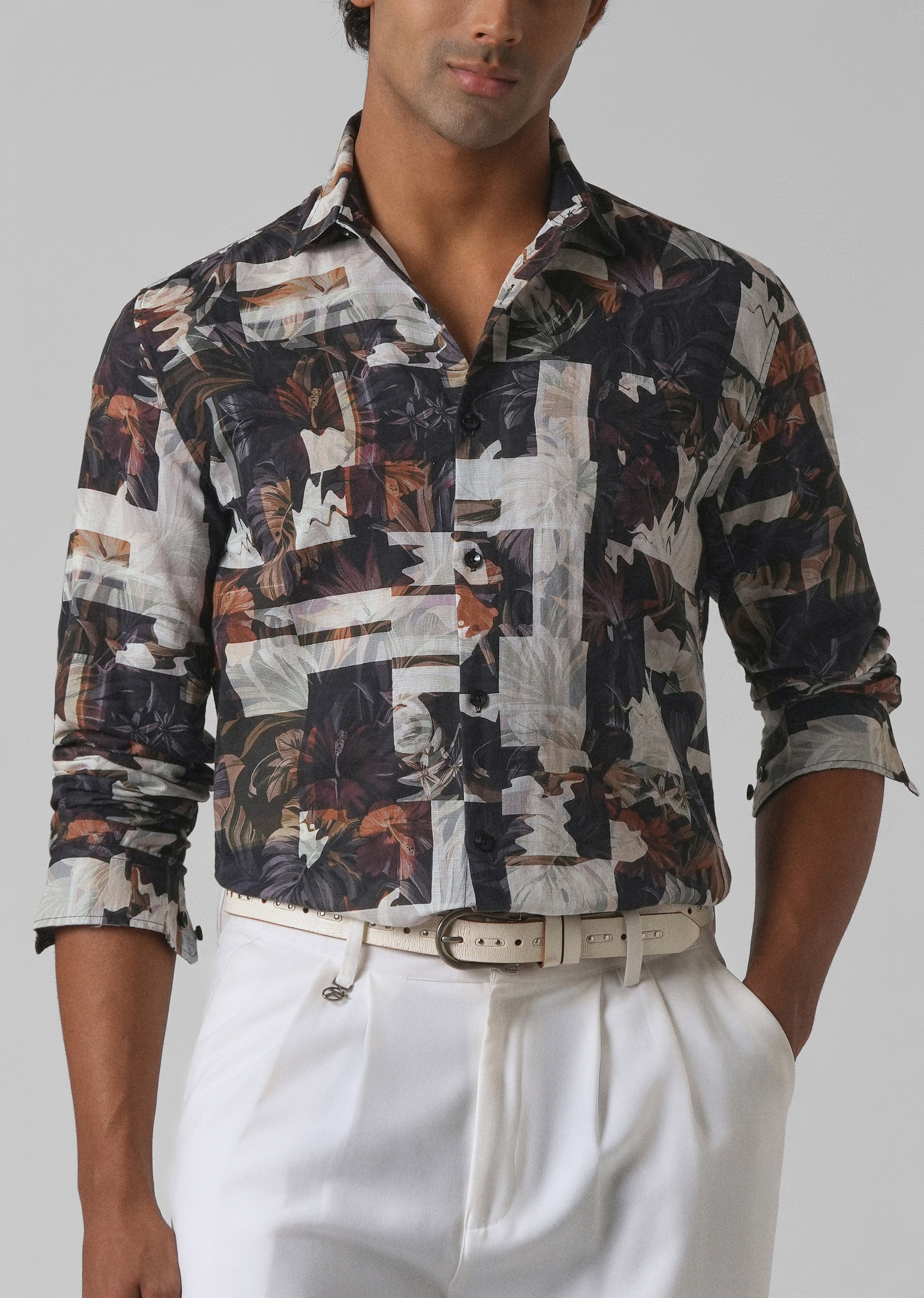Charcoal Black Printed Cotton Linen Shirt