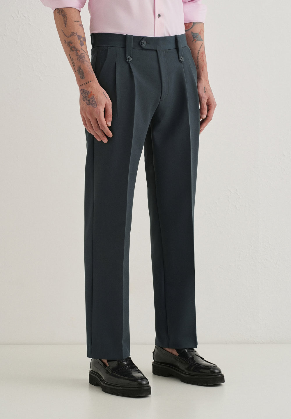Charcoal Grey Button-Tab Pleat Trouser