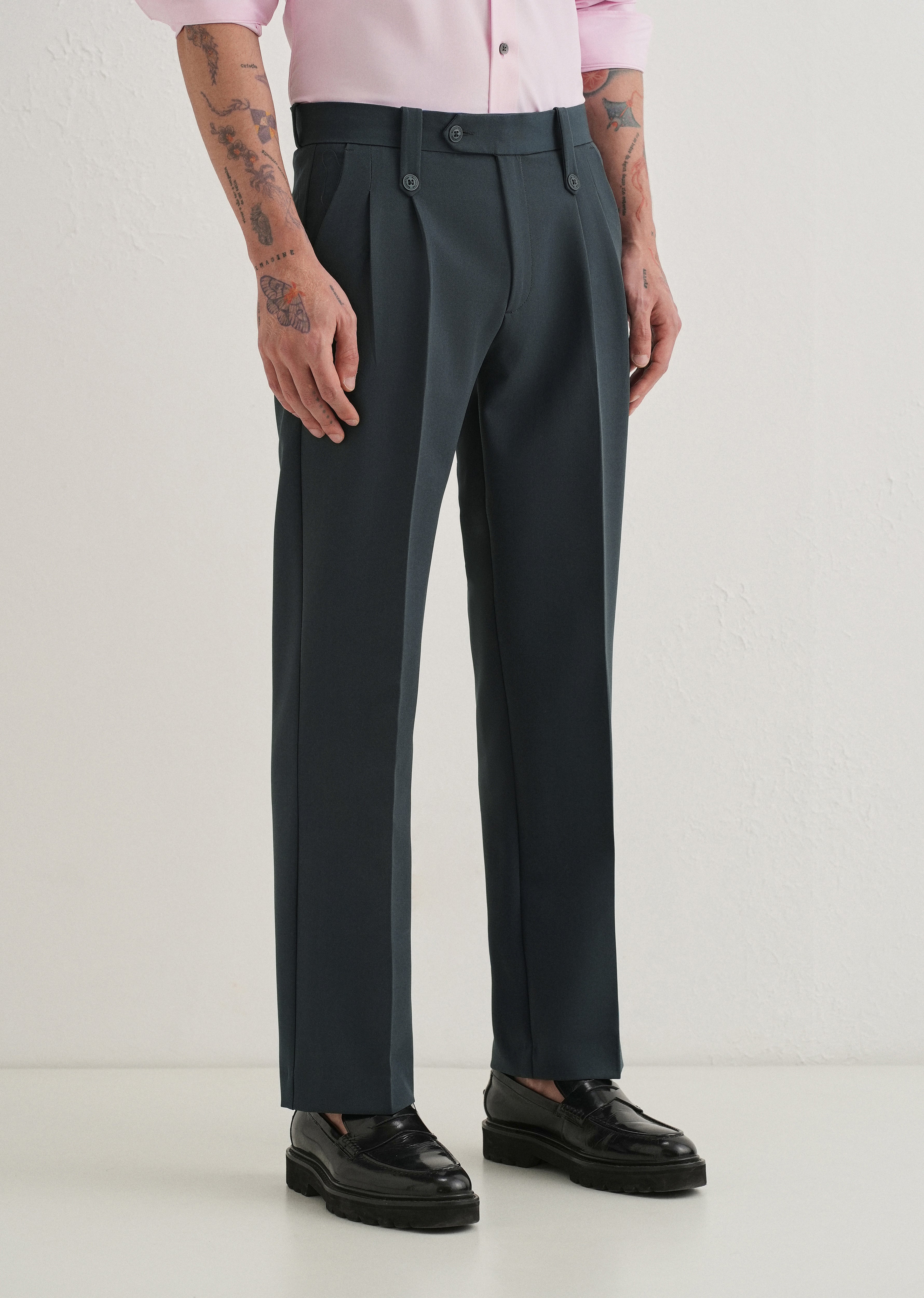 Charcoal Grey Button-Tab Pleat Trouser