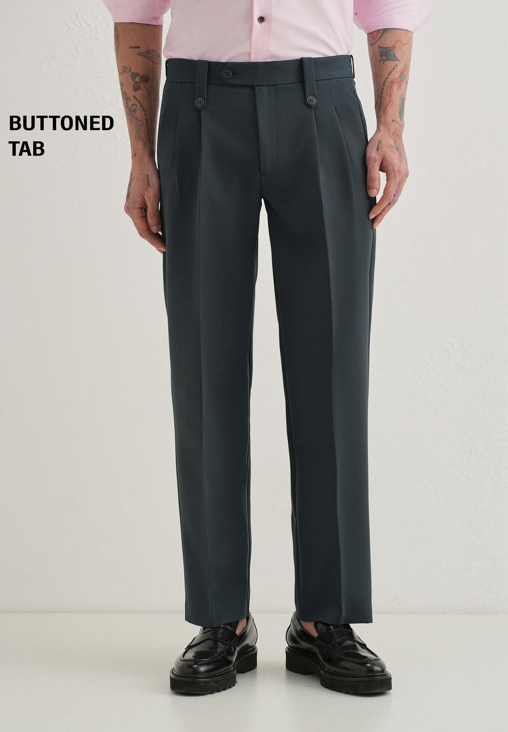 Charcoal Grey Button-Tab Pleat Trouser