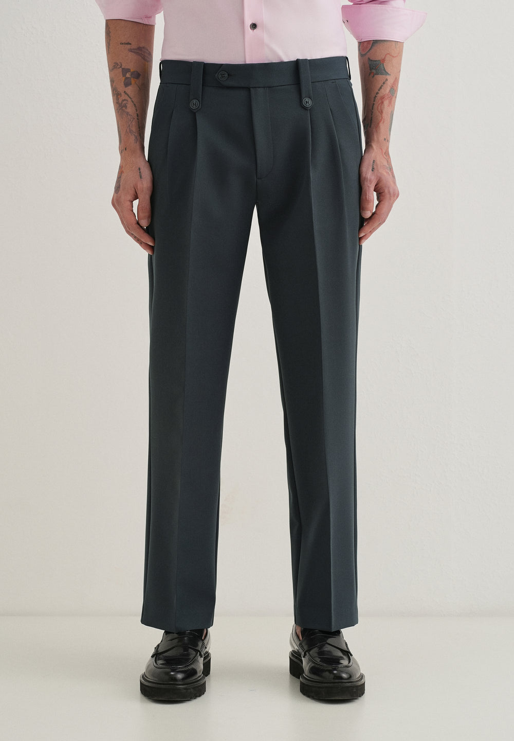 Charcoal Grey Button-Tab Pleat Trouser