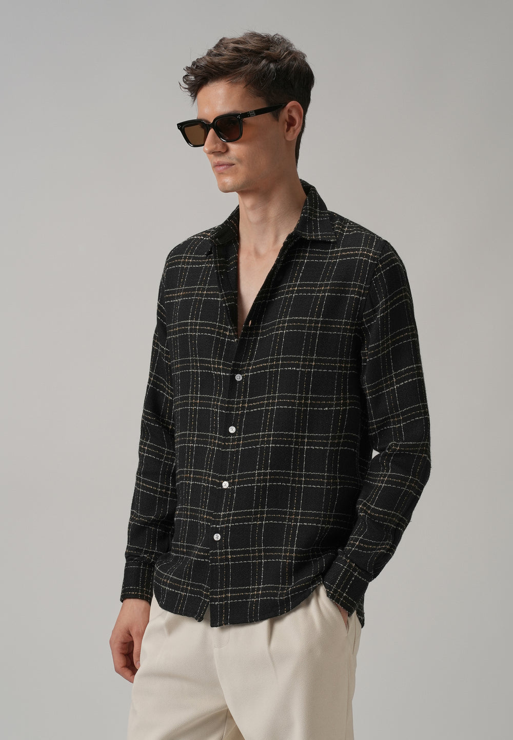 Charcoal Plaid Textured Cotton Check Shirt