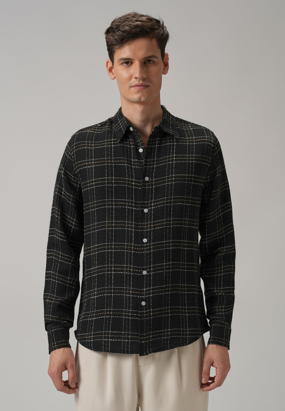 Charcoal Plaid Textured Cotton Check Shirt