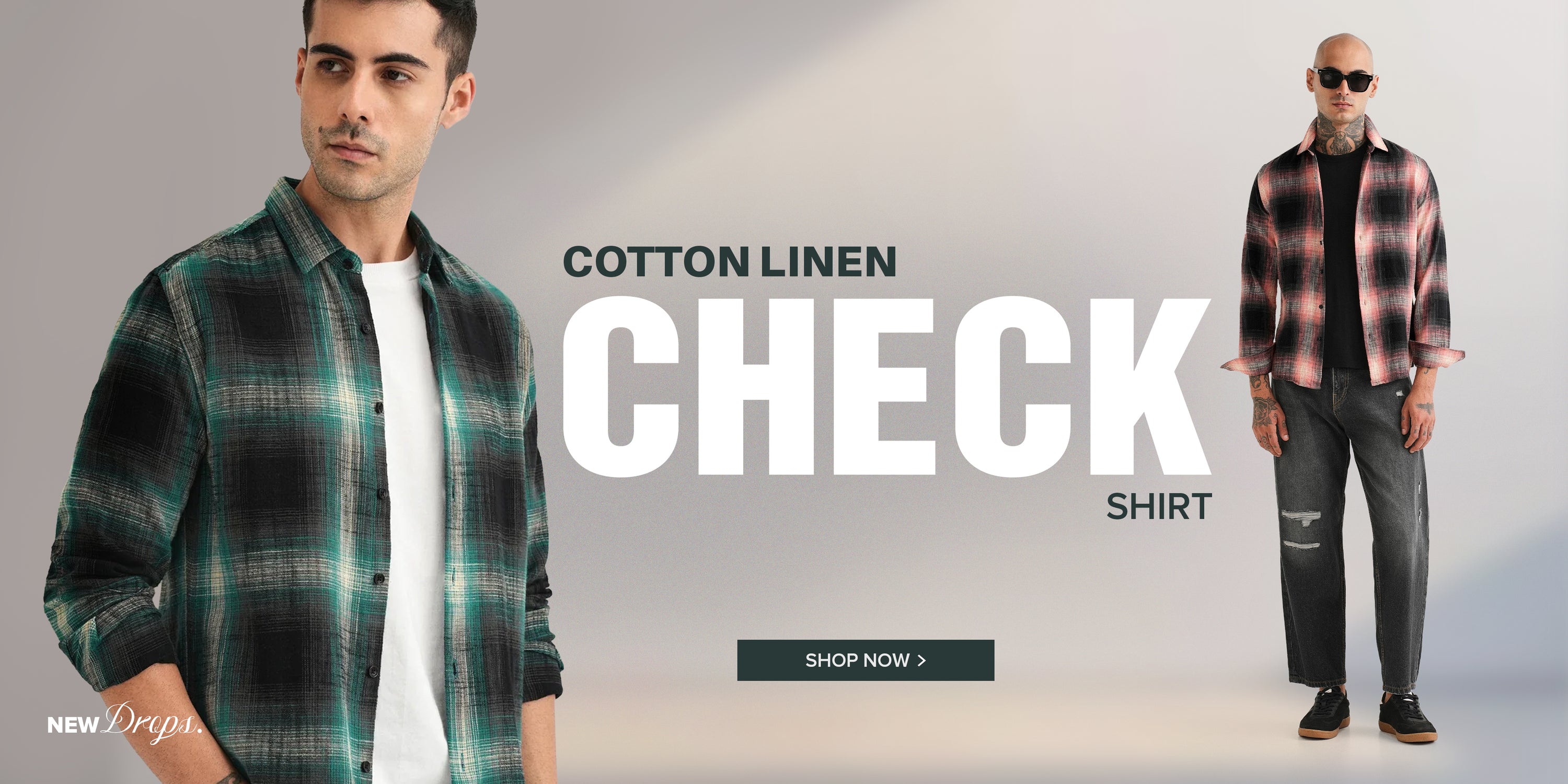 Two men wearing plaid shirts with text promoting a check shirt.