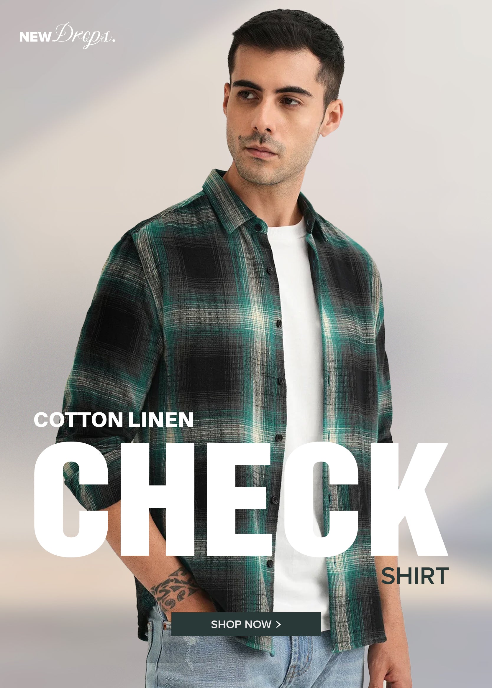 Man wearing a green and black checkered shirt with promotional text on a light gray background
