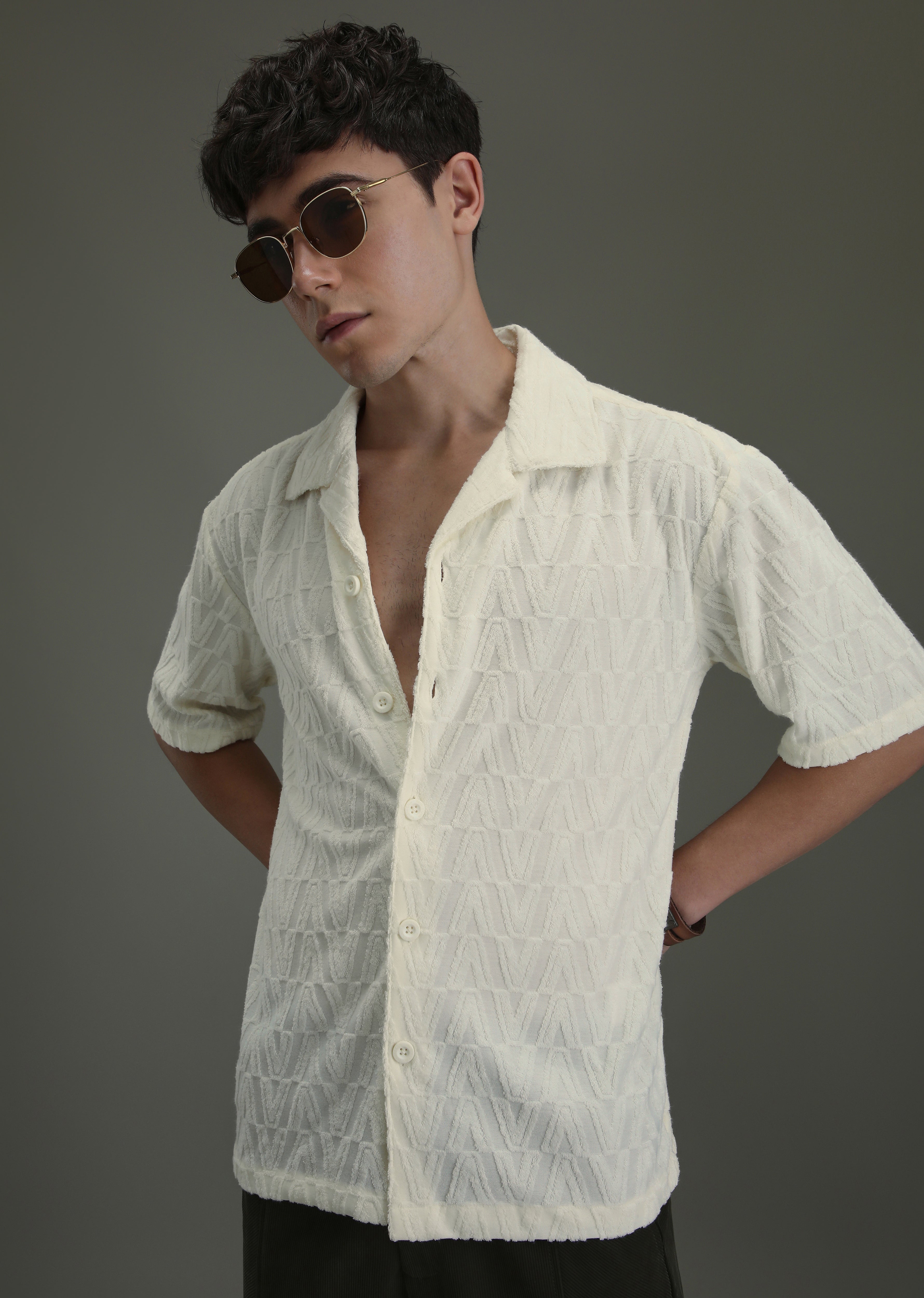 Ivory Cream Jacquard Towelling Camp Shirt