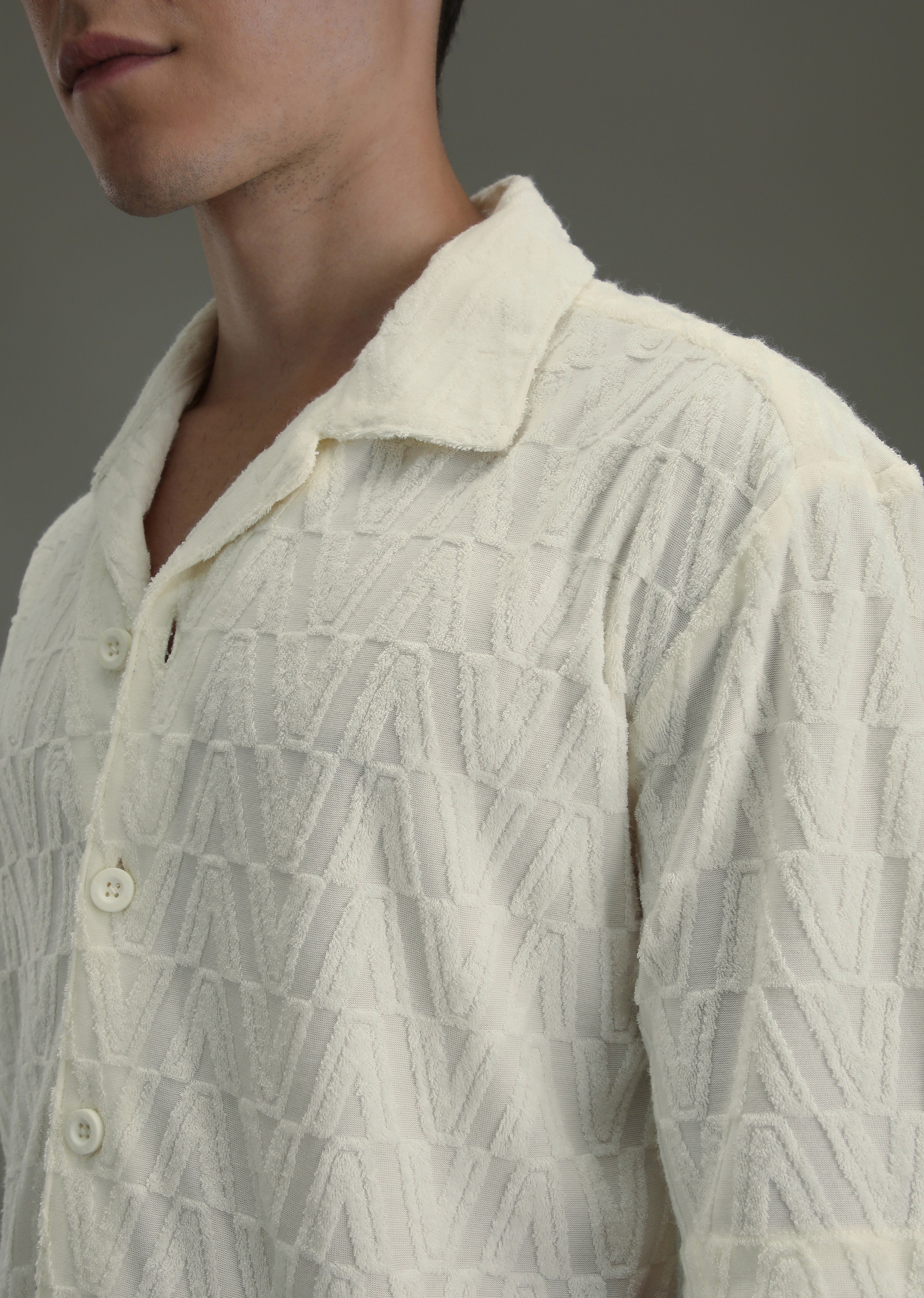 Ivory Cream Jacquard Towelling Camp Shirt