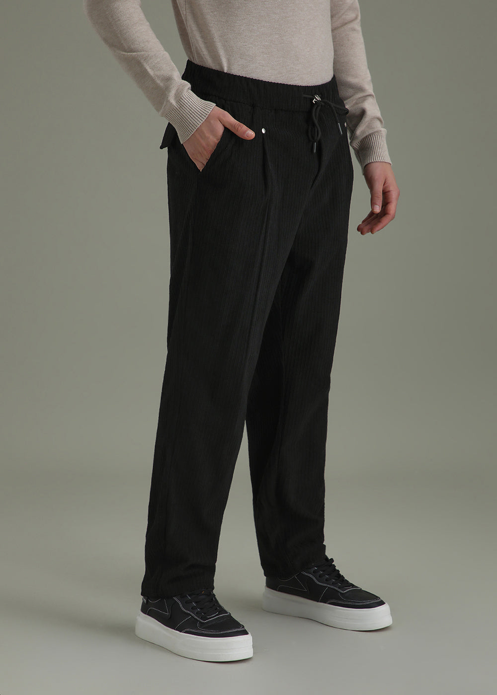 Coal Black Drawstring Corduroy Pant