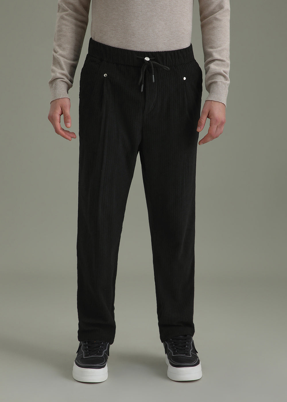 Coal Black Drawstring Corduroy Pant