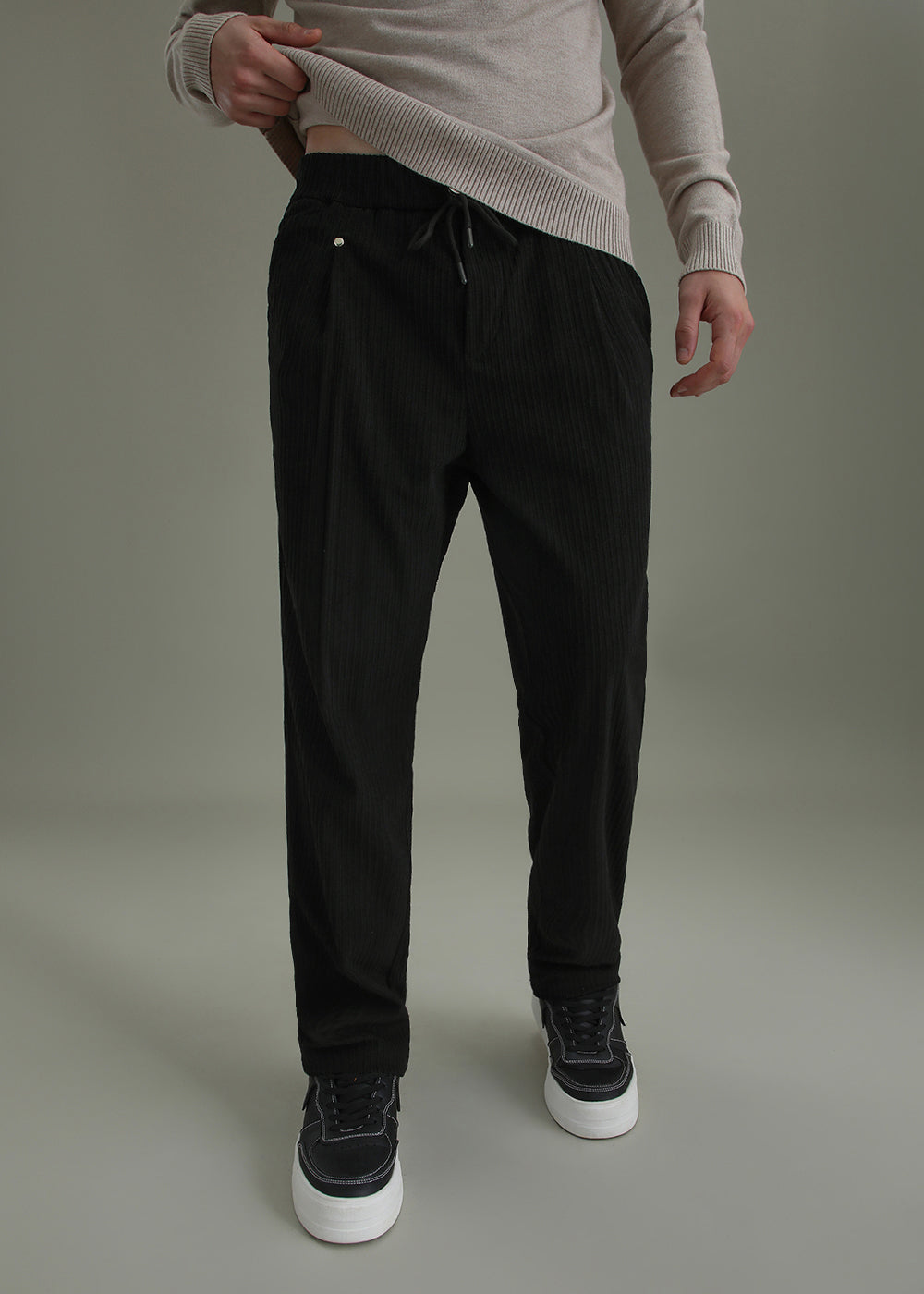 Coal Black Drawstring Corduroy Pant