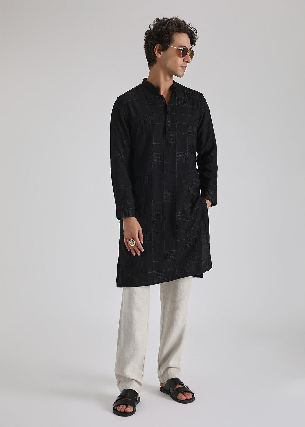 Coal Black Self Embroidered Kurta