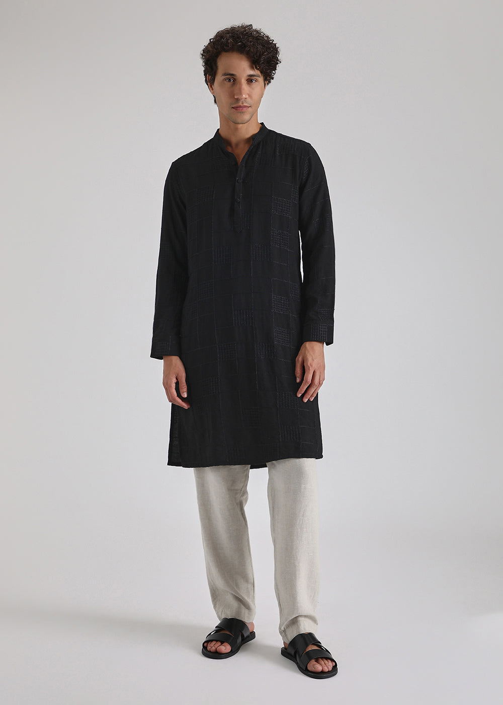 Coal Black Self Embroidered Kurta