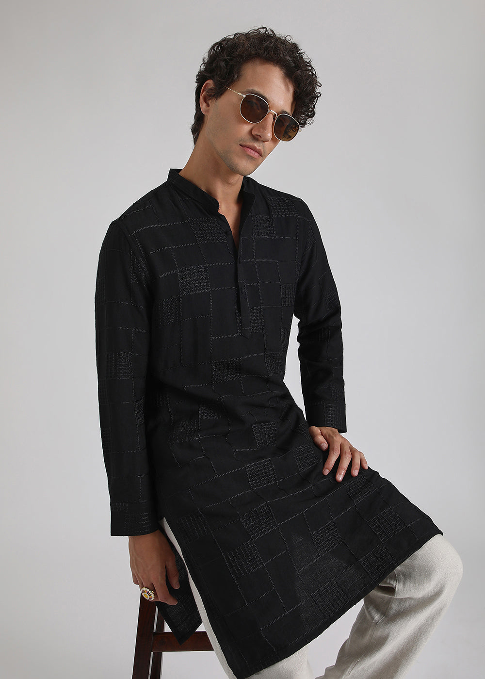 Coal Black Self Embroidered Kurta