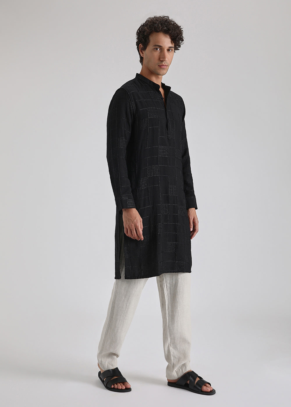 Coal Black Self Embroidered Kurta