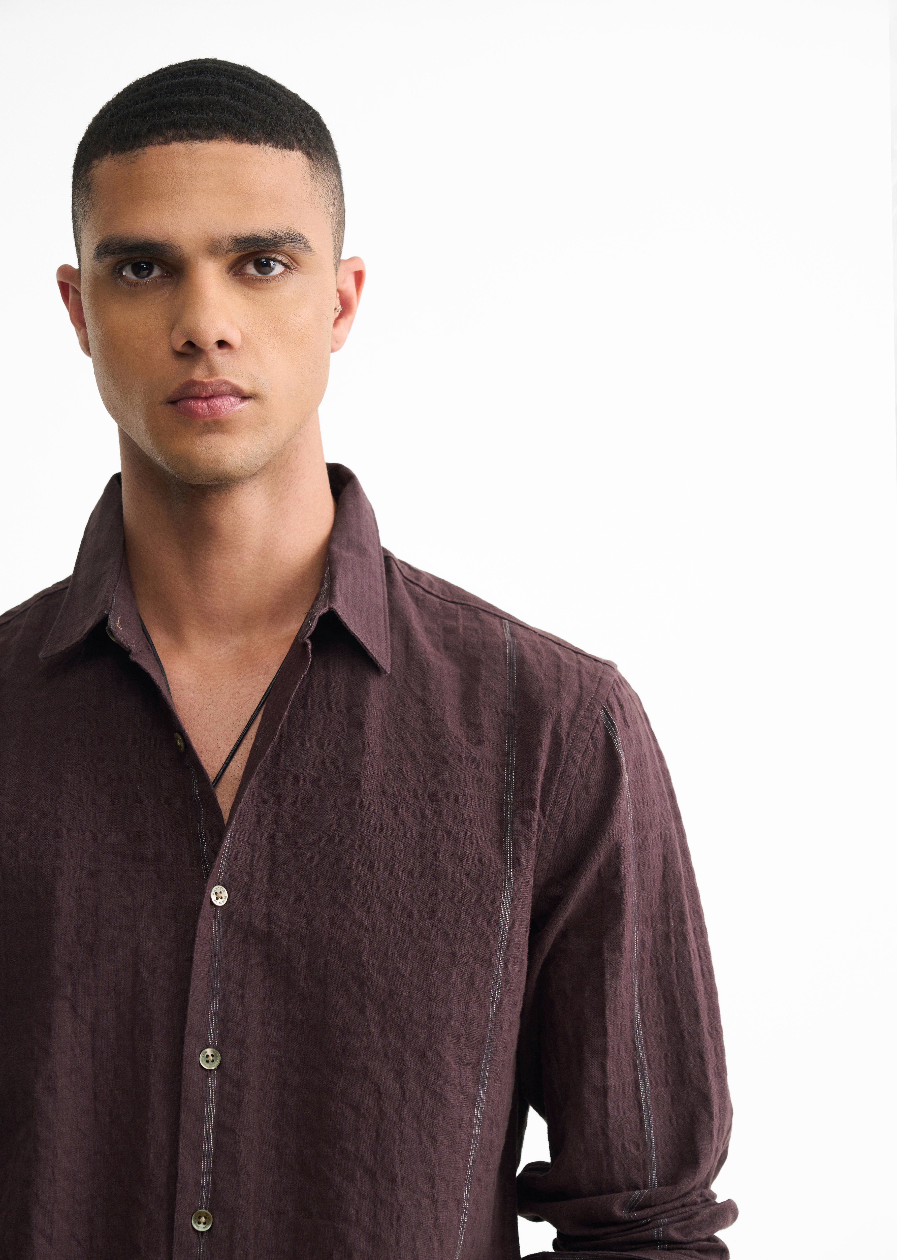 Coffee Brown Contrast Striped Cotton Shirt