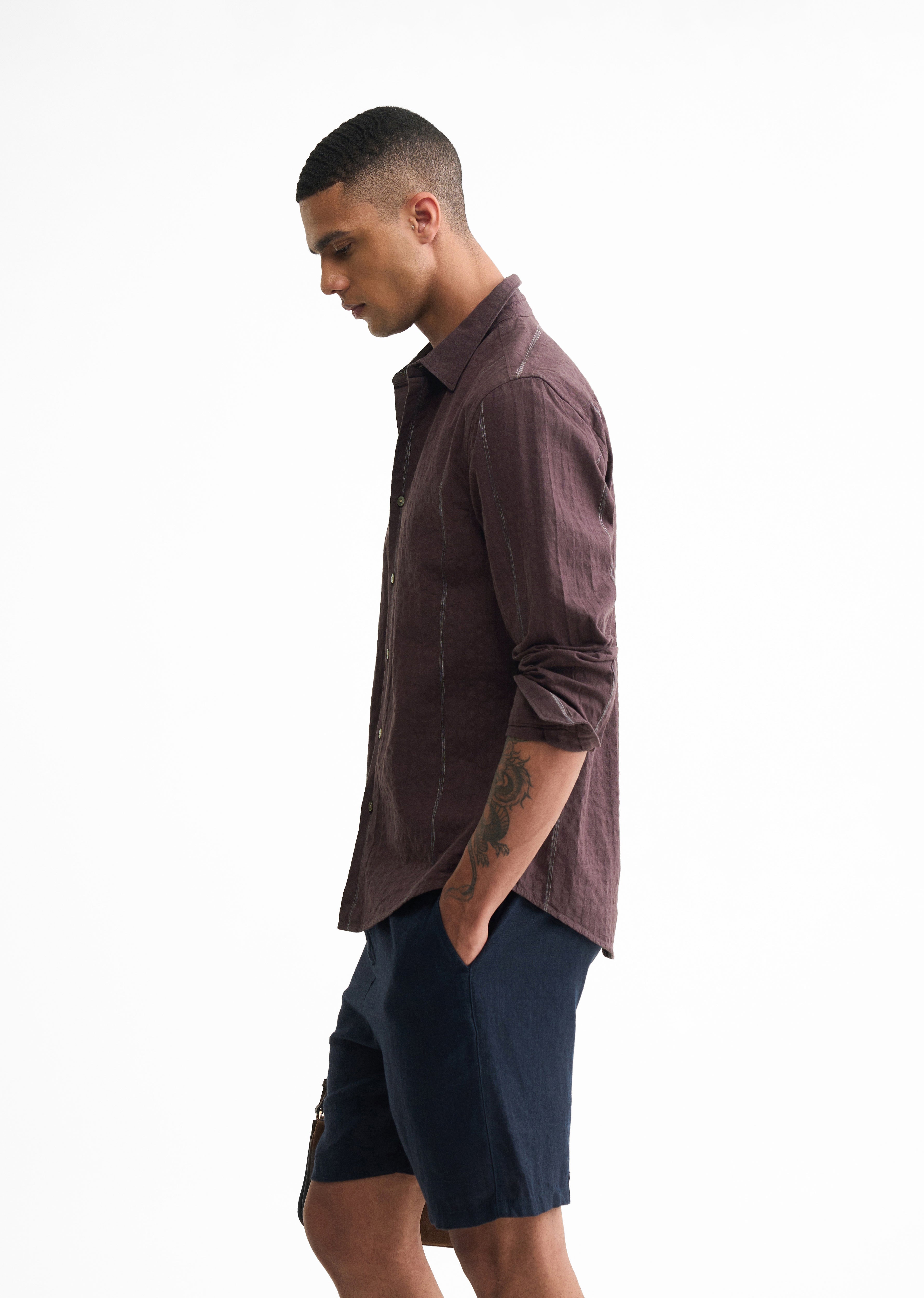 Coffee Brown Contrast Striped Cotton Shirt