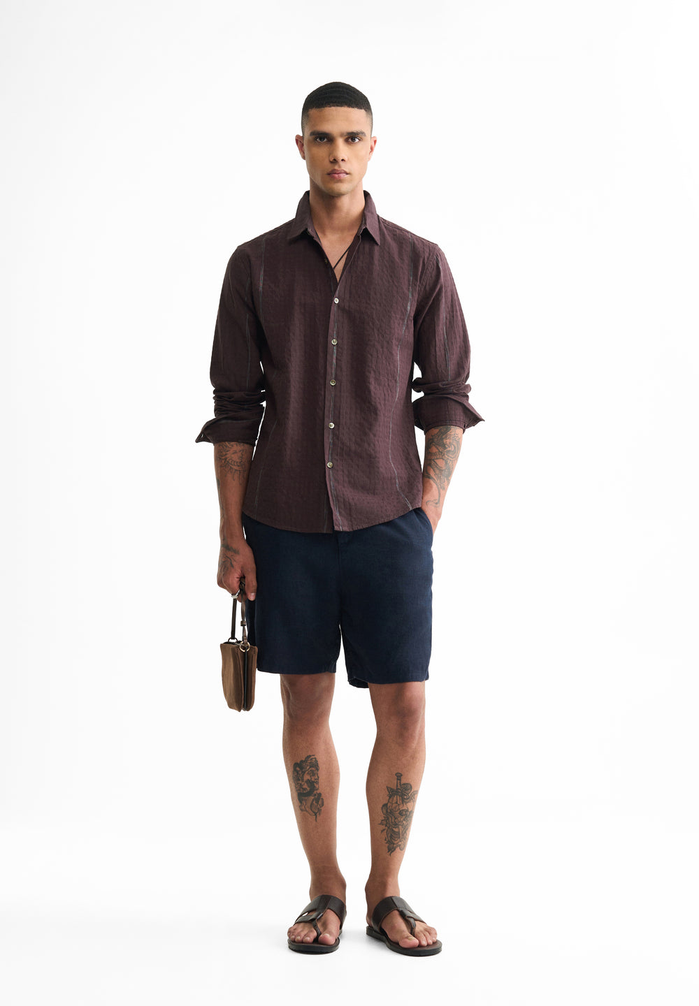 Coffee Brown Contrast Striped Cotton Shirt