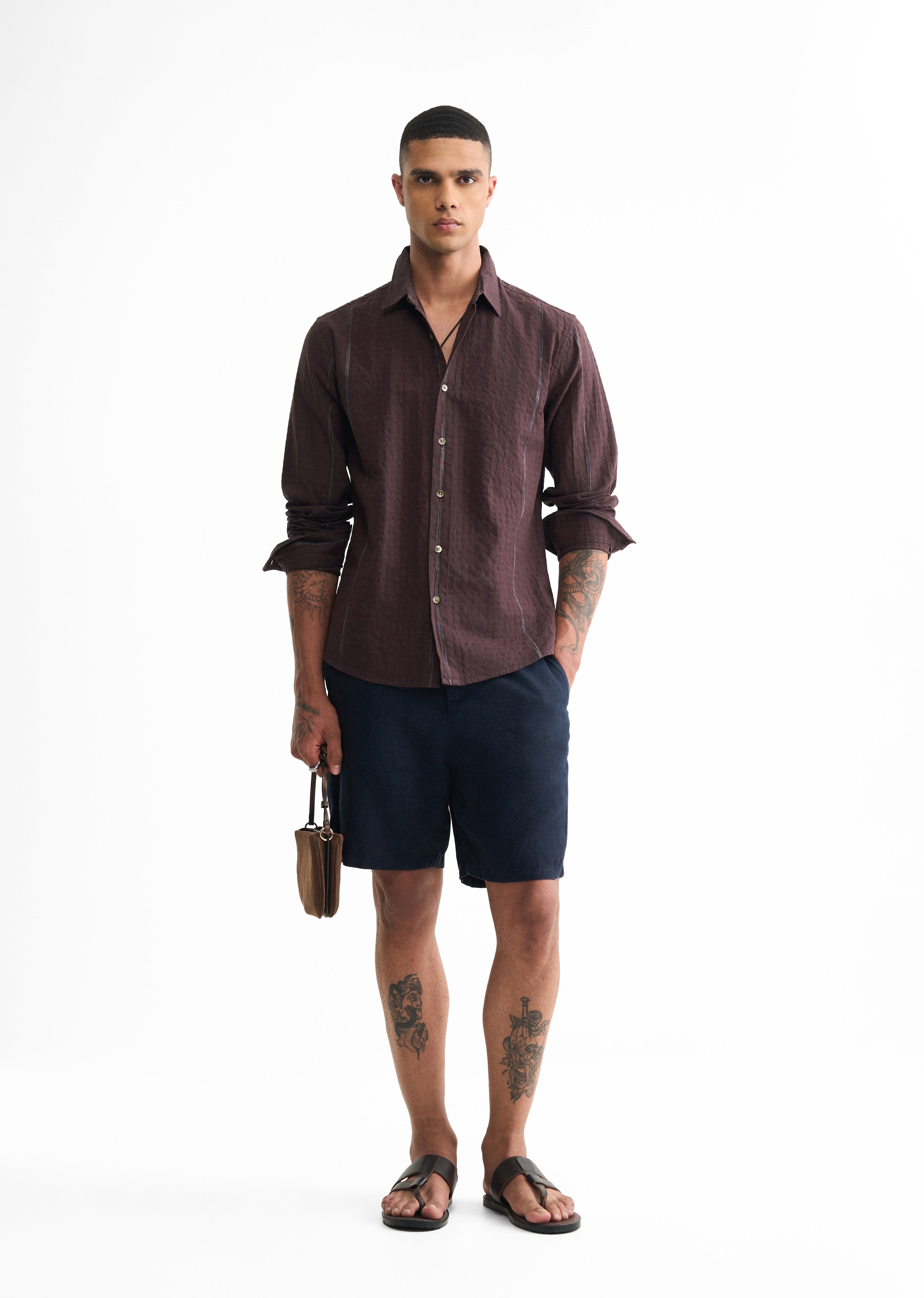 Coffee Brown Contrast Striped Cotton Shirt