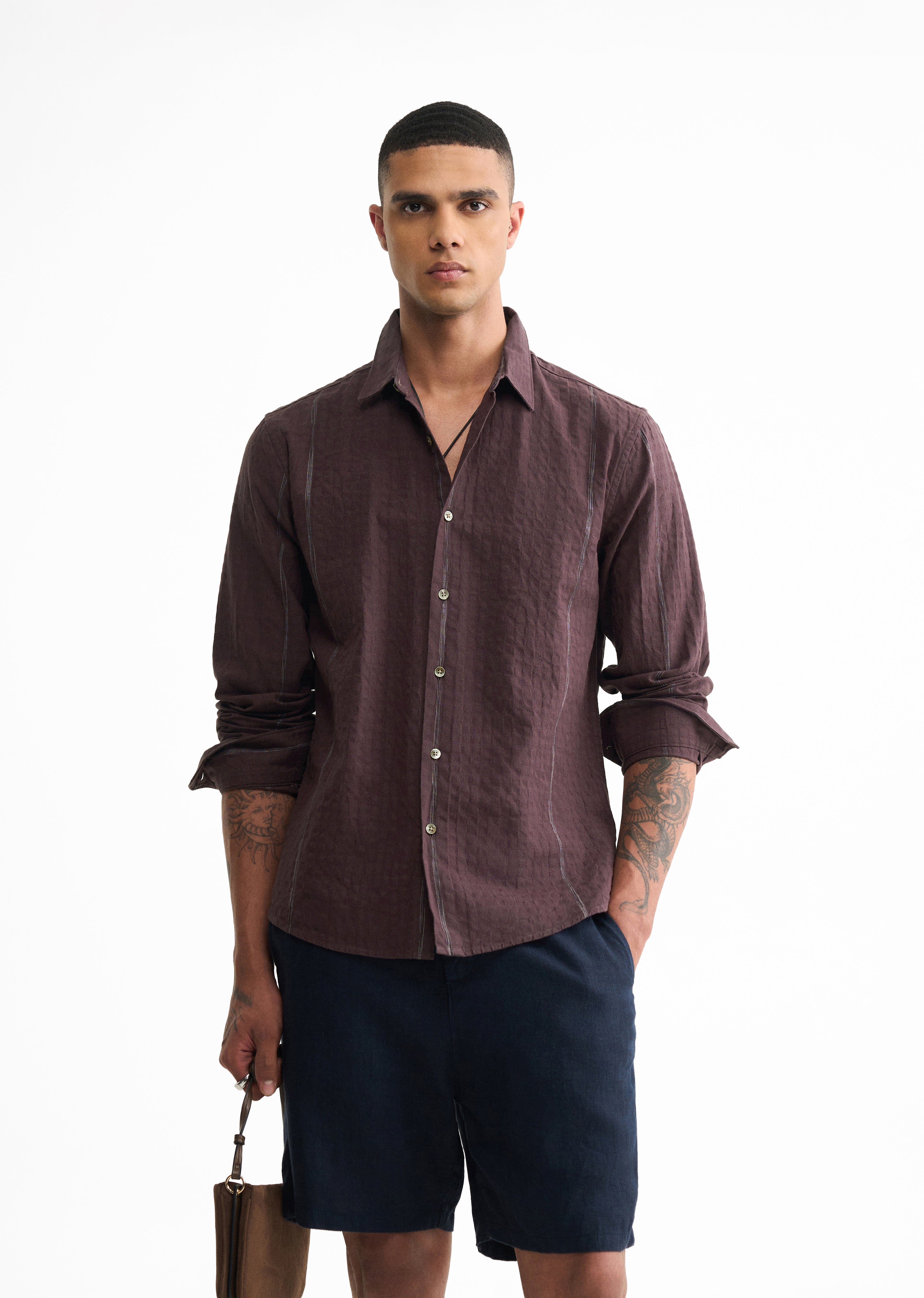 Coffee Brown Contrast Striped Cotton Shirt
