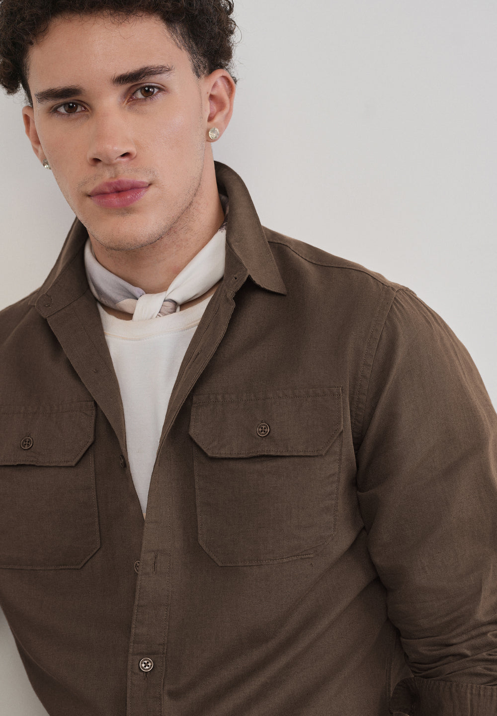 Coffee Brown Cotton Linen Flap Pocket Shirt