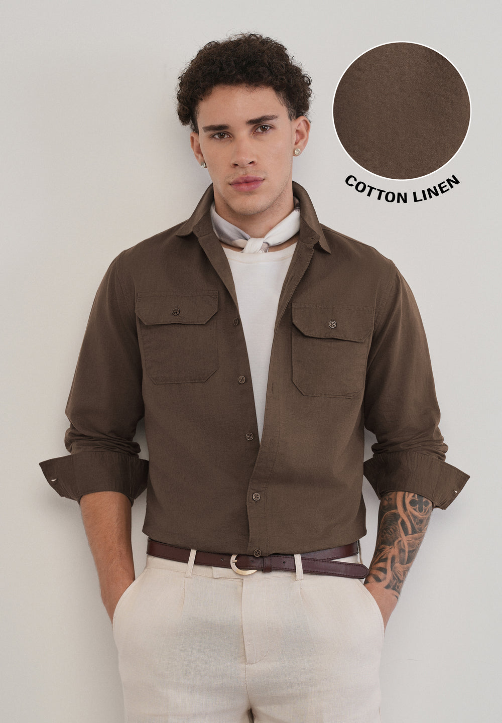 Coffee Brown Cotton Linen Flap Pocket Shirt